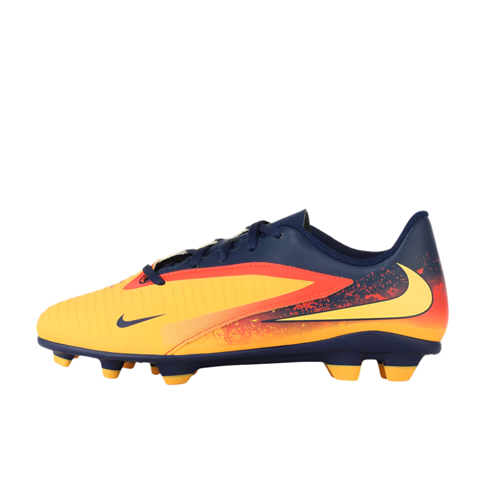 Yellow and blue soccer cleat with red accents on a gray background