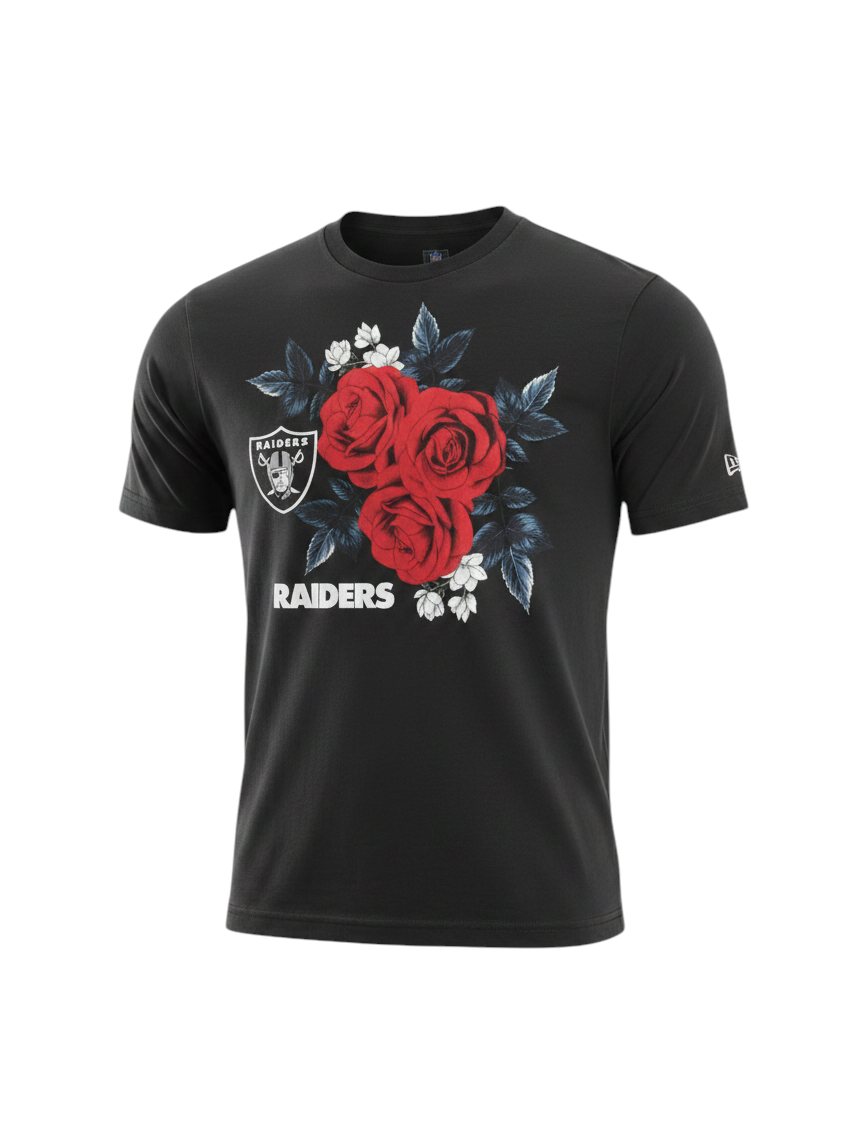 Coliseum Sports black cotton t-shirt featuring Las Vegas Raiders logo and red rose graphic print for men
