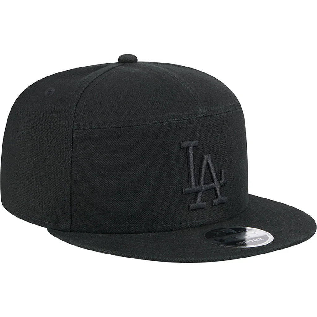 New Era Los Angeles Dodgers Cotton Canvas 9FIFTY Split Panel Trucker Hat-Black/Black