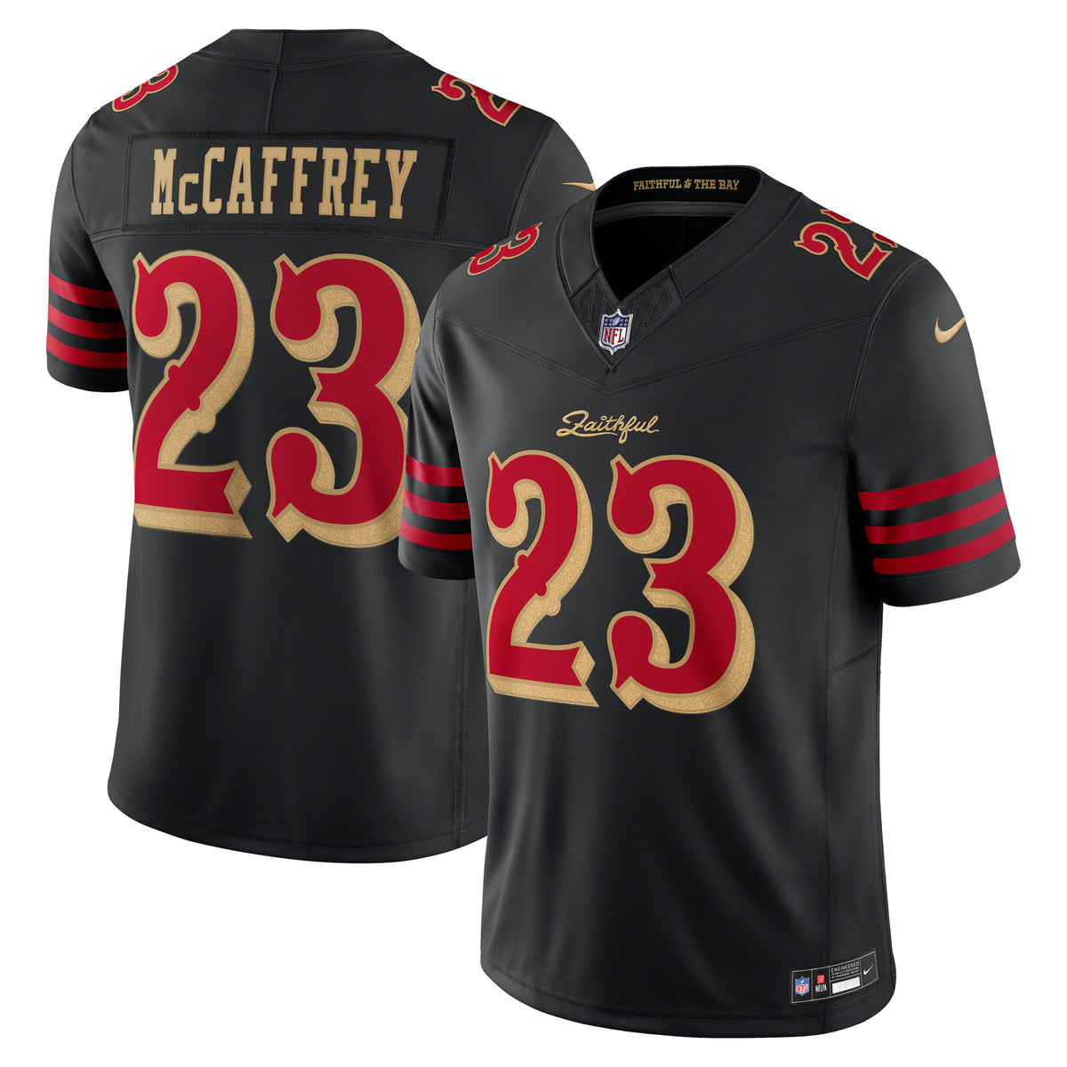 Nike men's Christian McCaffrey #23 San Francisco 49ers Rivalries Limited jersey in black, front and back views