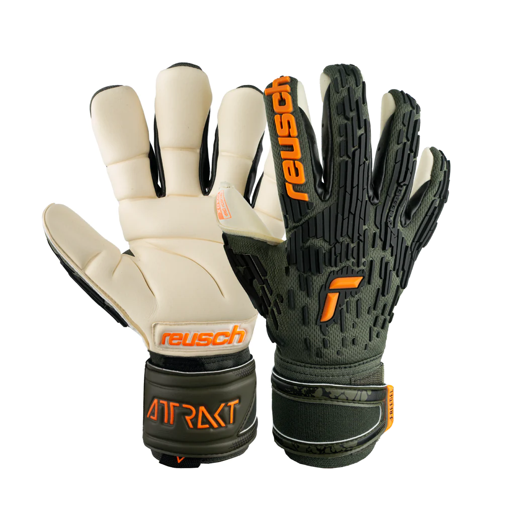Reusch Attrakt Freegel Gold X Finger Support Goalkeeper Gloves-Desert Green/Shock Orng