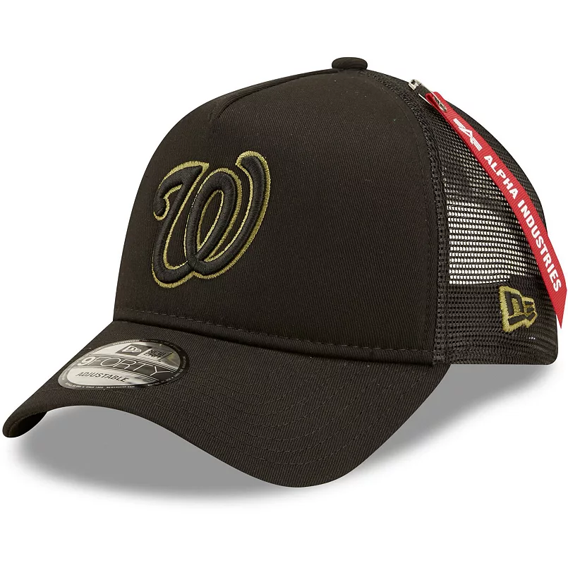 New Era Washington Nationals Alpha Industries A-Frame 9FORTY Trucker Snapback Hat-Black