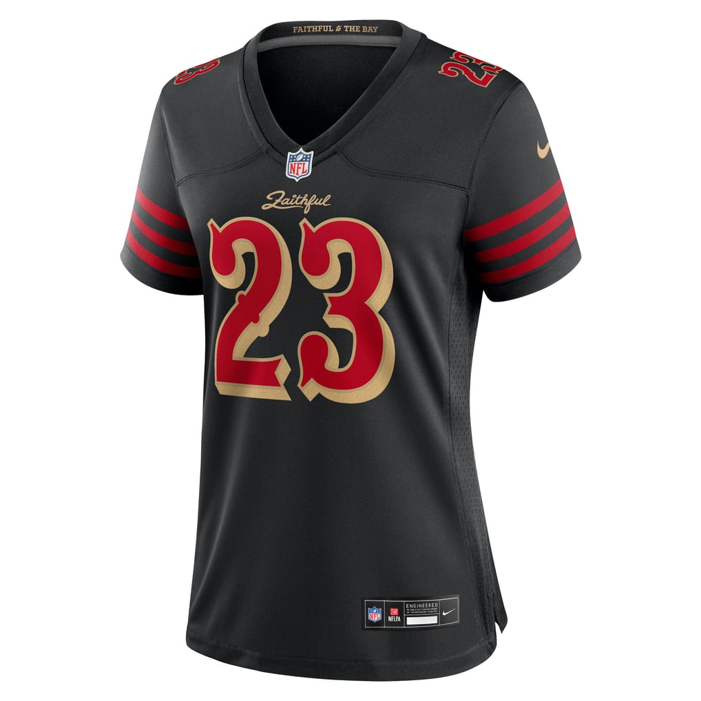 Nike women's Christian McCaffrey #23 San Francisco 49ers Rivalries Game Jersey in black, front view
