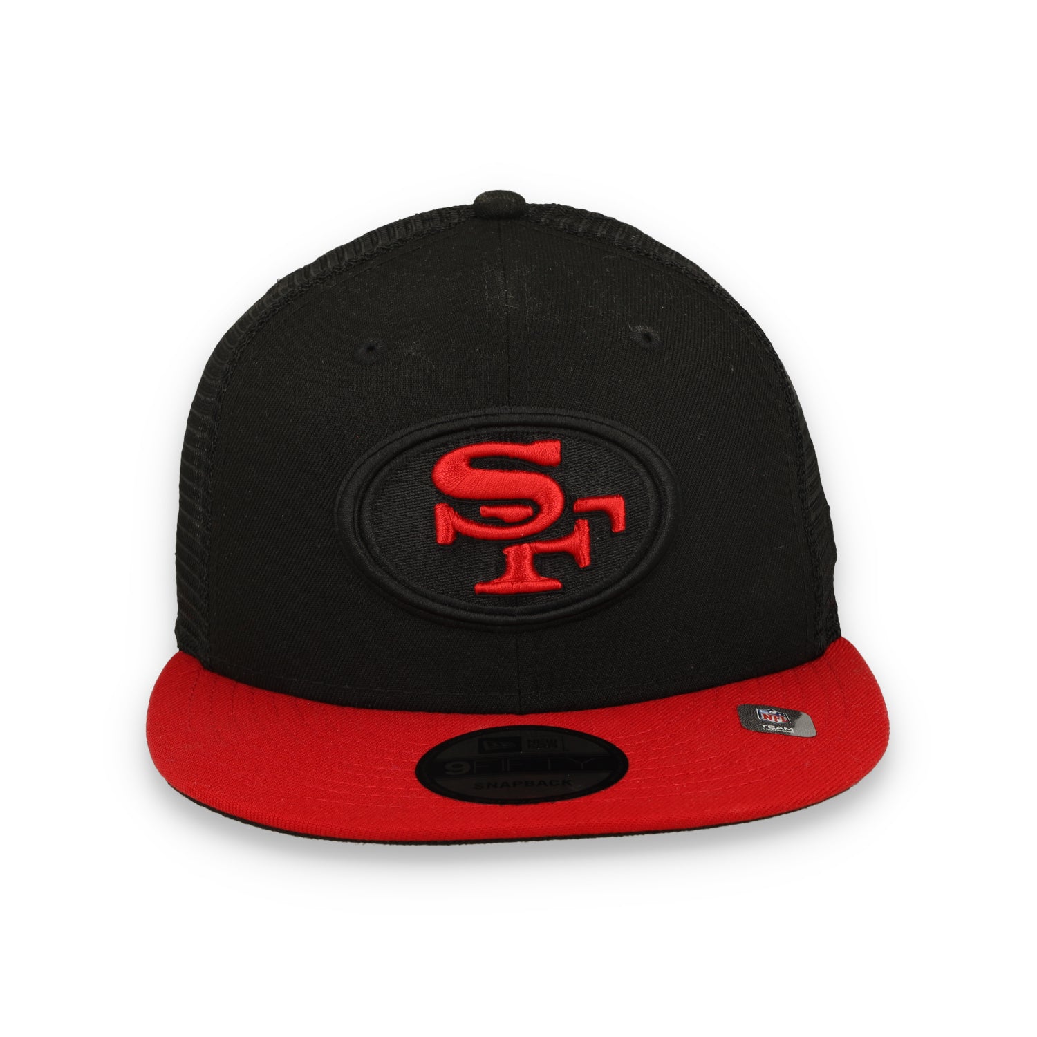 Exclusive New Era San Francisco 49ers Oval 9FIFTY Trucker Hat-Black/Red