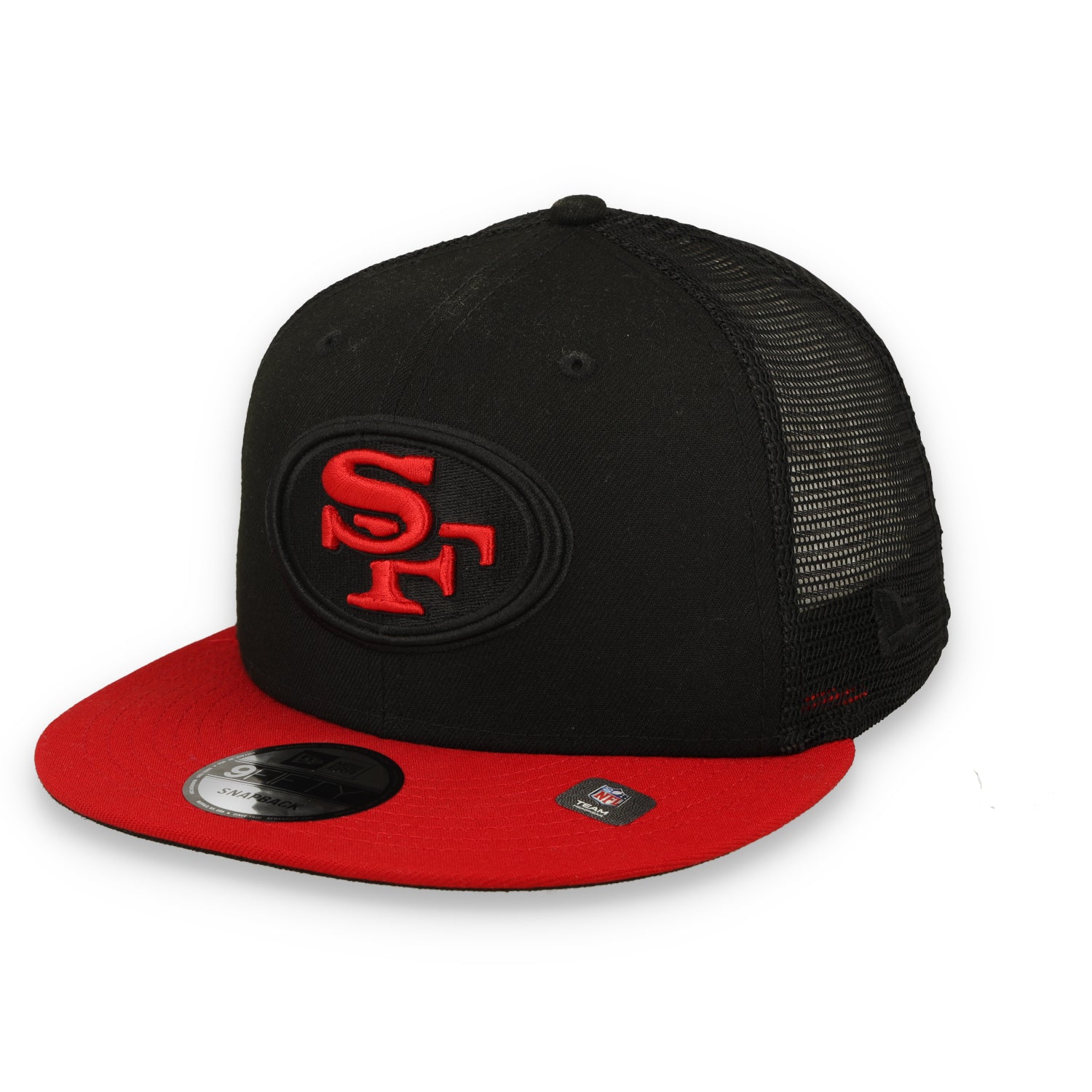 Exclusive New Era San Francisco 49ers Oval 9FIFTY Trucker Hat-Black/Red