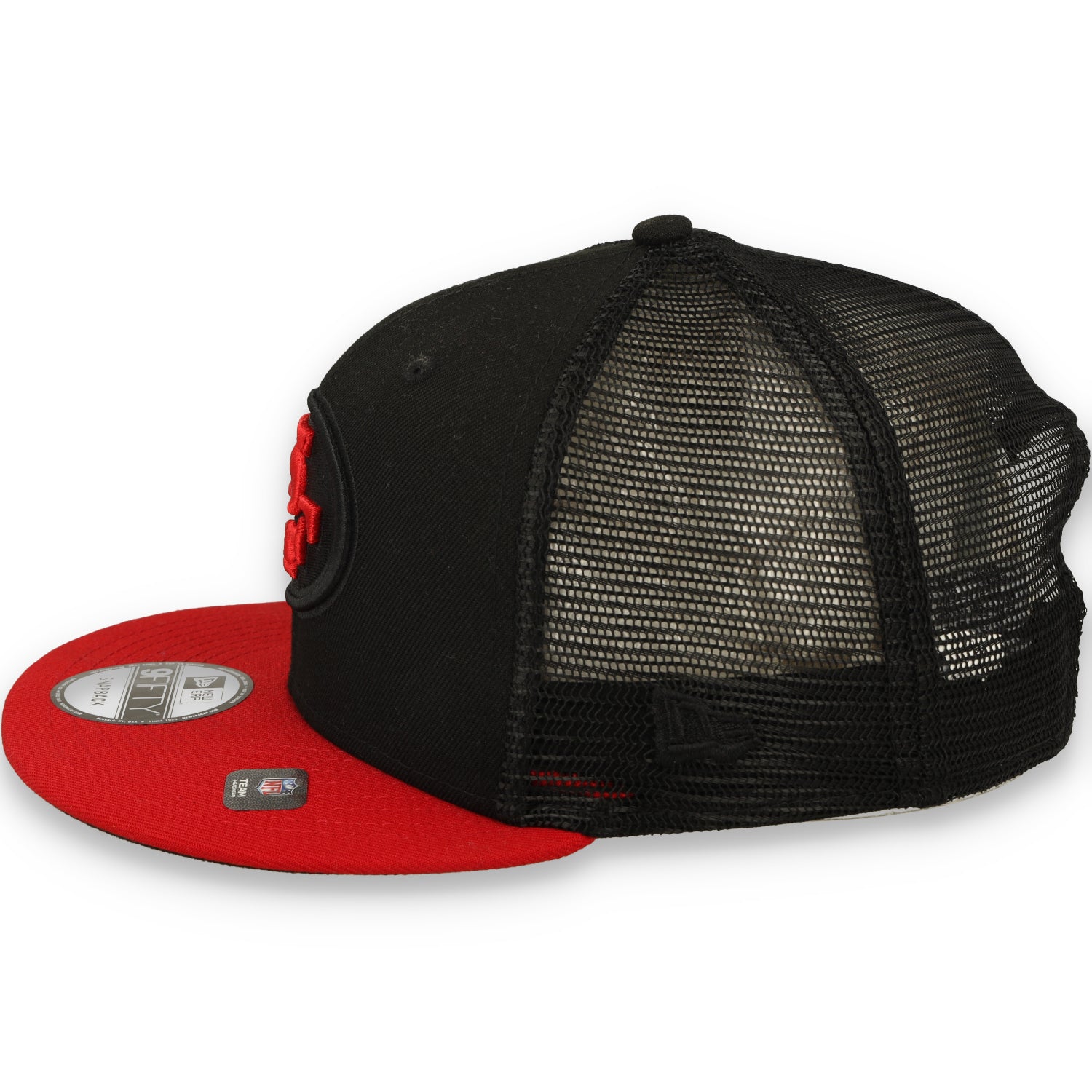 Exclusive New Era San Francisco 49ers Oval 9FIFTY Trucker Hat-Black/Red