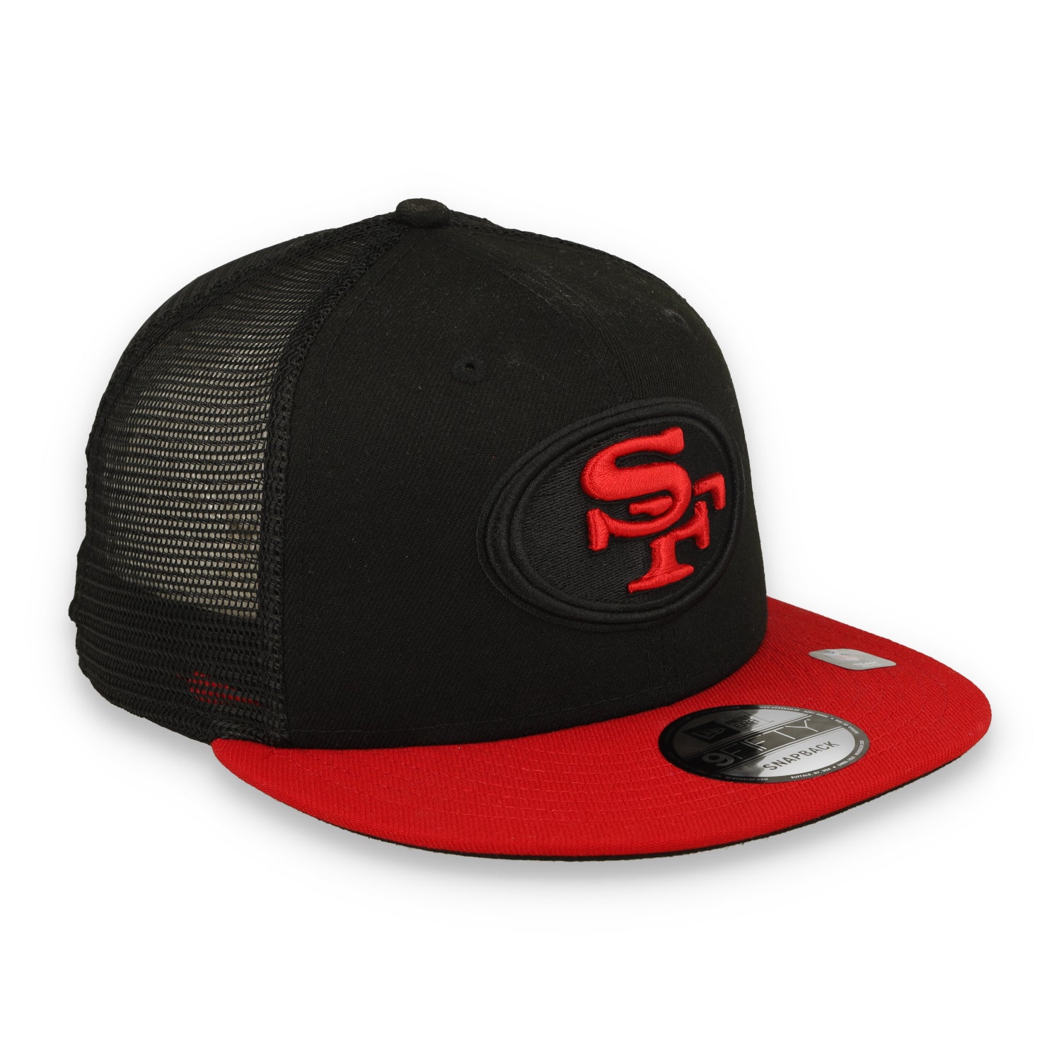 Exclusive New Era San Francisco 49ers Oval 9FIFTY Trucker Hat-Black/Red