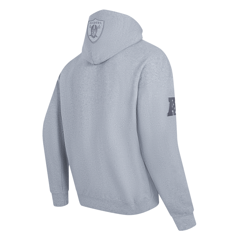 Pro Standard Men's Las Vegas Raiders Neutral Drop Shoulder Fleece Pullover Hoodie - Dark Heather Gray, angled back view
