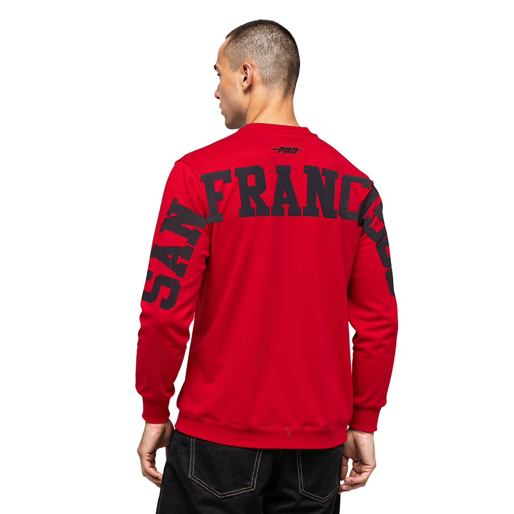 Pro Standard Men's San Francisco 49ers Wingspan Drop Shoulder Fleece Crewneck - Red, model back view