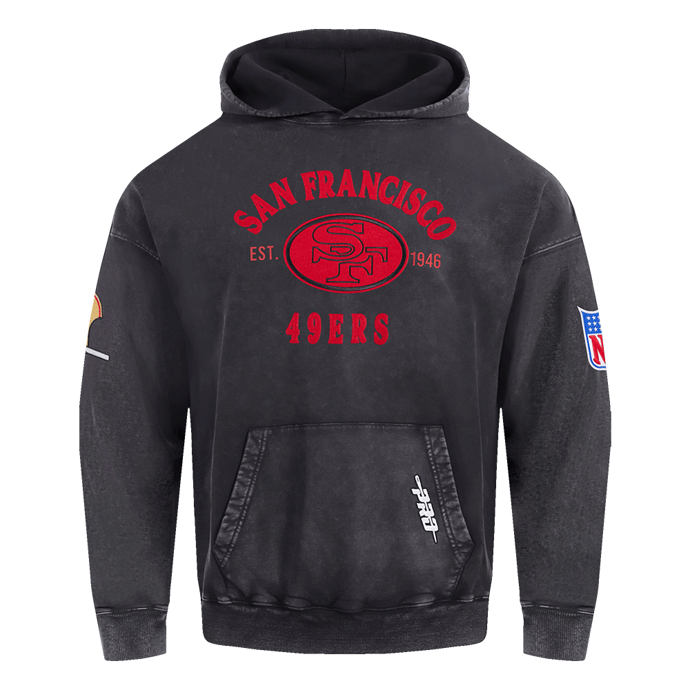 Pro Standard Men's San Francisco 49ers First Team Enzyme Wash Drop Shoulder French Terry Pullover Hoodie - Washed Black, front view