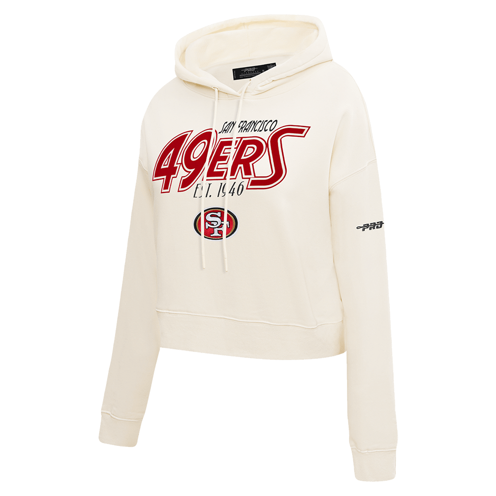 Pro Standard women's 49ers Paradise cropped hoodie in Eggshell, front view