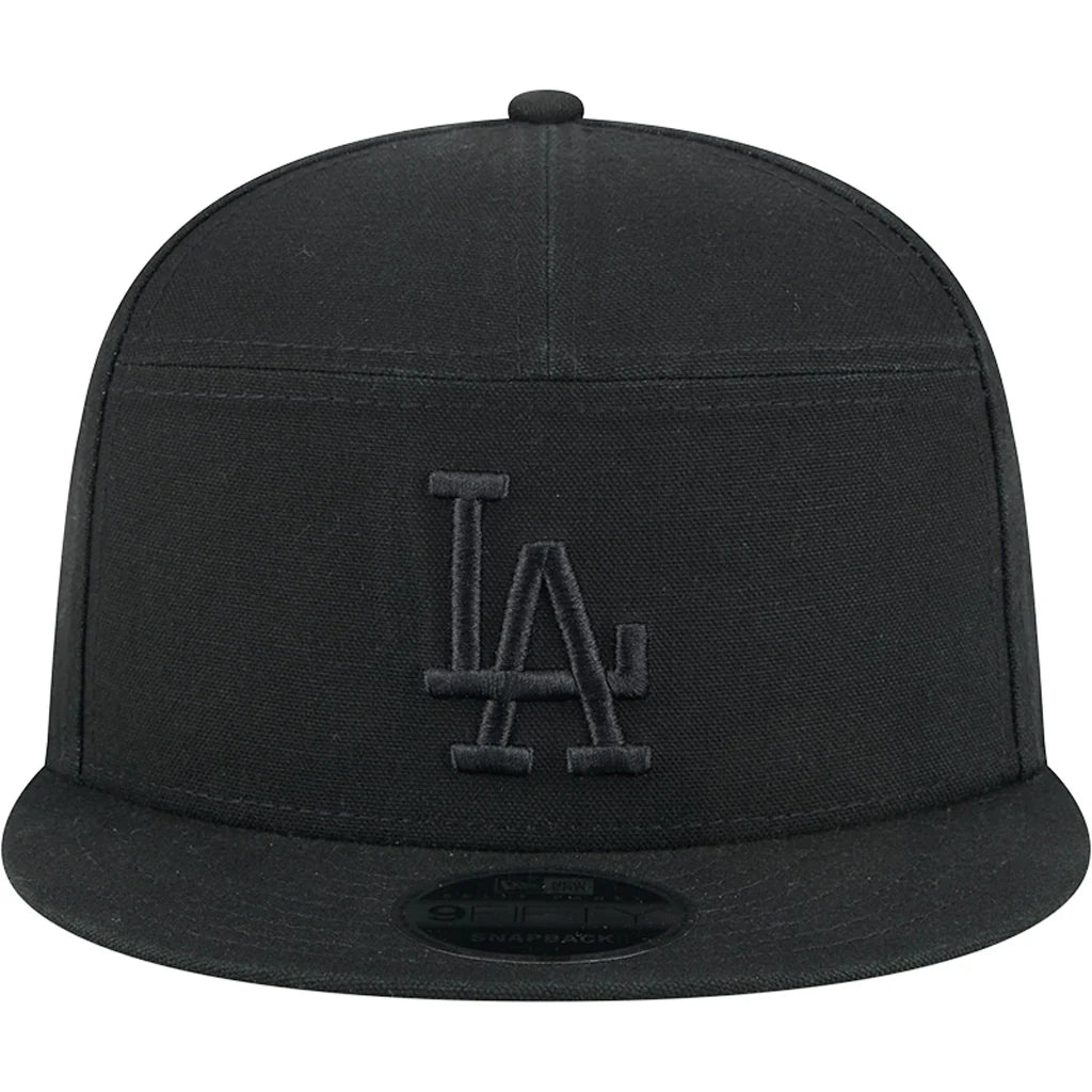 New Era Los Angeles Dodgers Cotton Canvas 9FIFTY Split Panel Trucker Hat-Black/Black