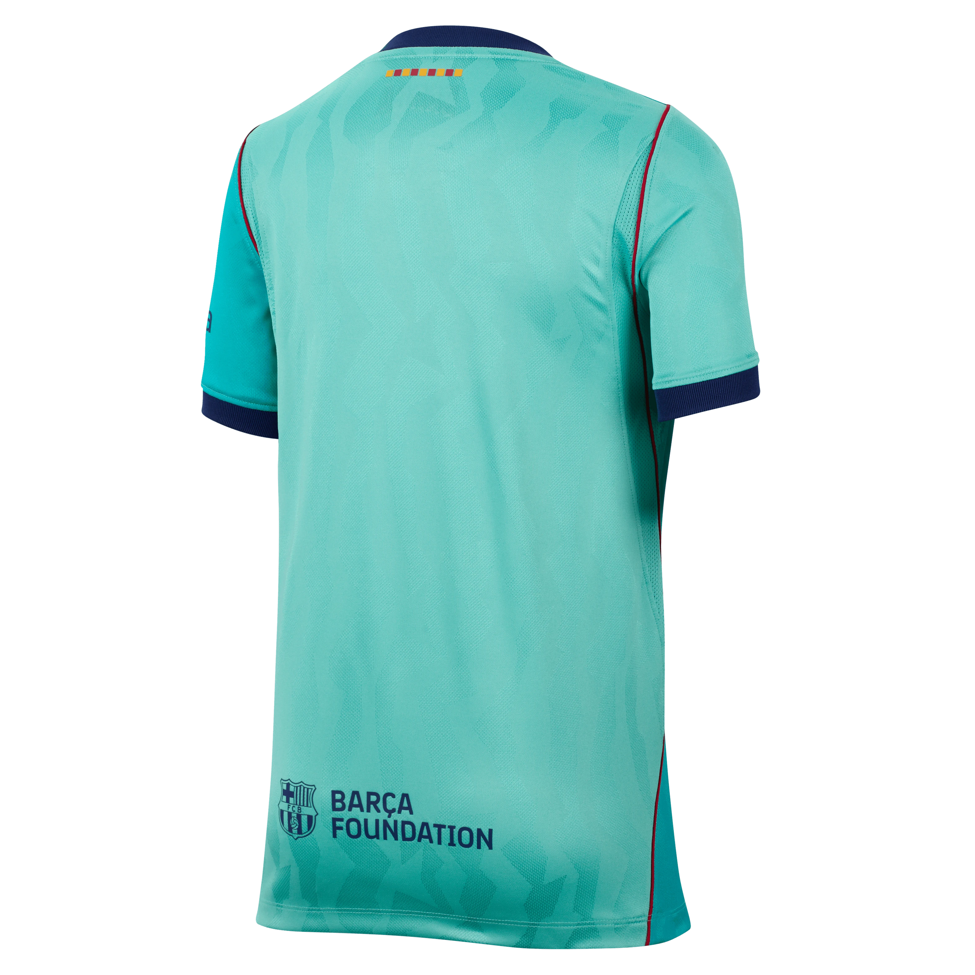 Coliseum Sports youth FC Barcelona 3rd stadium jersey in light green with navy trim and Barca Foundation logo on back
