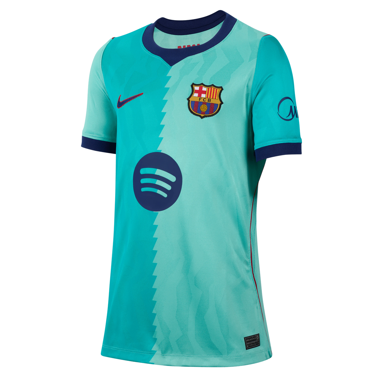 Coliseum Sports youth FC Barcelona 3rd stadium jersey in teal with navy accents and woven team crest