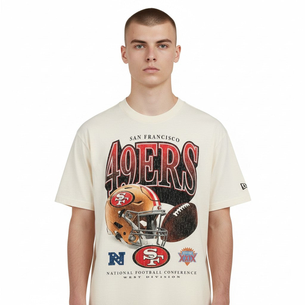 Coliseum Sports New Era ivory cotton t-shirt featuring a vintage San Francisco 49ers graphic with a football helmet