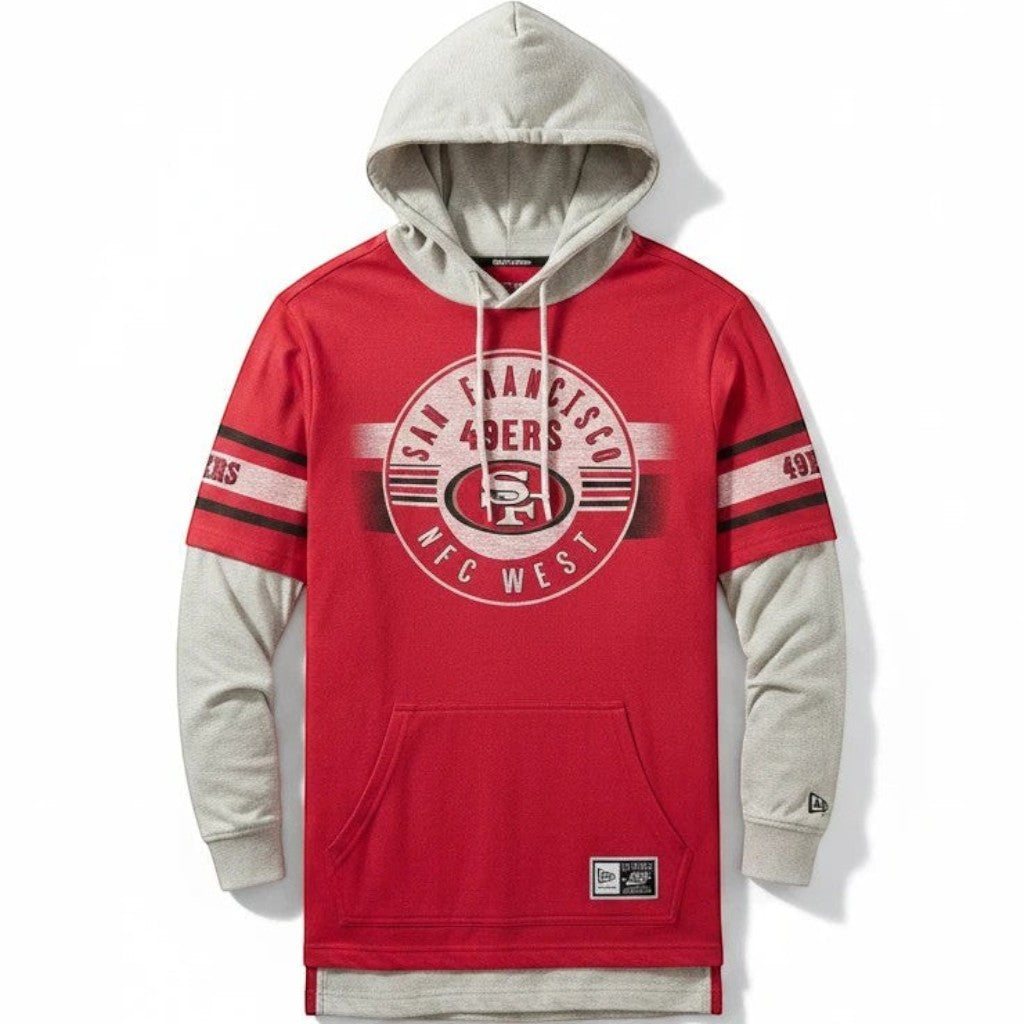 Coliseum Sports San Francisco 49ers red and grey twofer hooded layered shirt with team graphics and kangaroo pocket