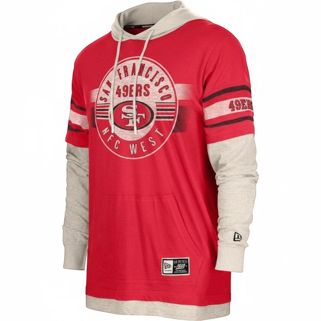 Coliseum Sports San Francisco 49ers red and grey twofer hooded long sleeve shirt with team graphics and kangaroo pocket