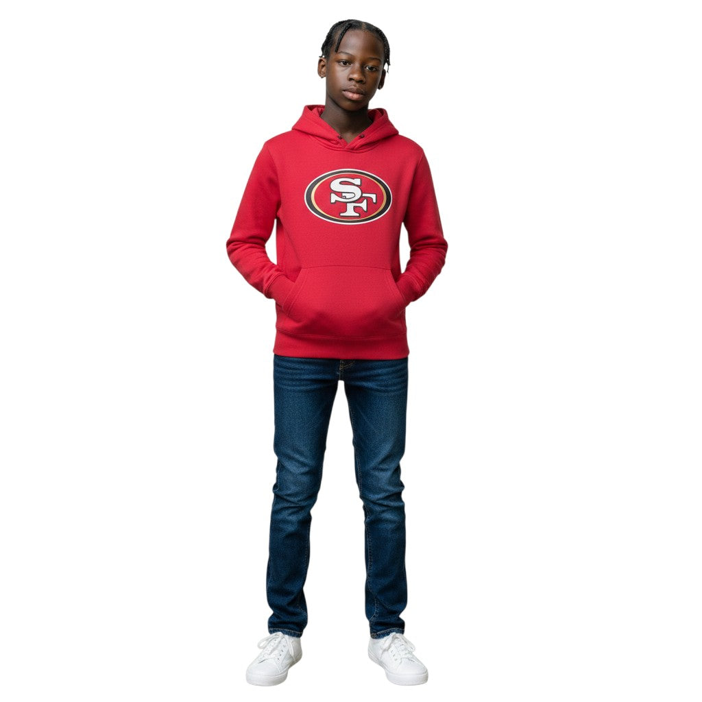 Coliseum Sports youth model wearing a red San Francisco 49ers fleece hoodie with team logo and front kangaroo pocket
