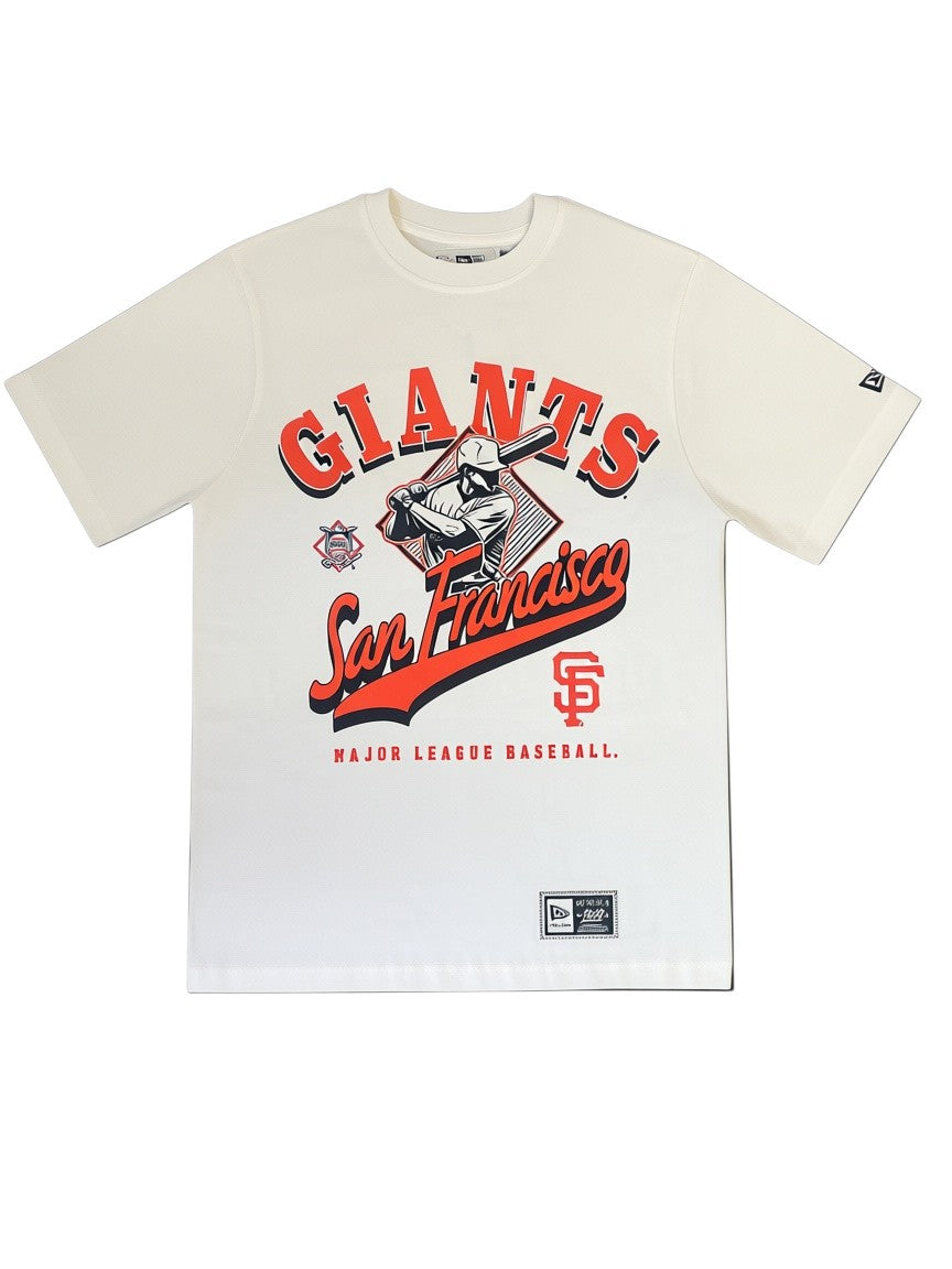 Coliseum Sports New Era San Francisco Giants cream t-shirt with vintage baseball player graphic and team logo.
