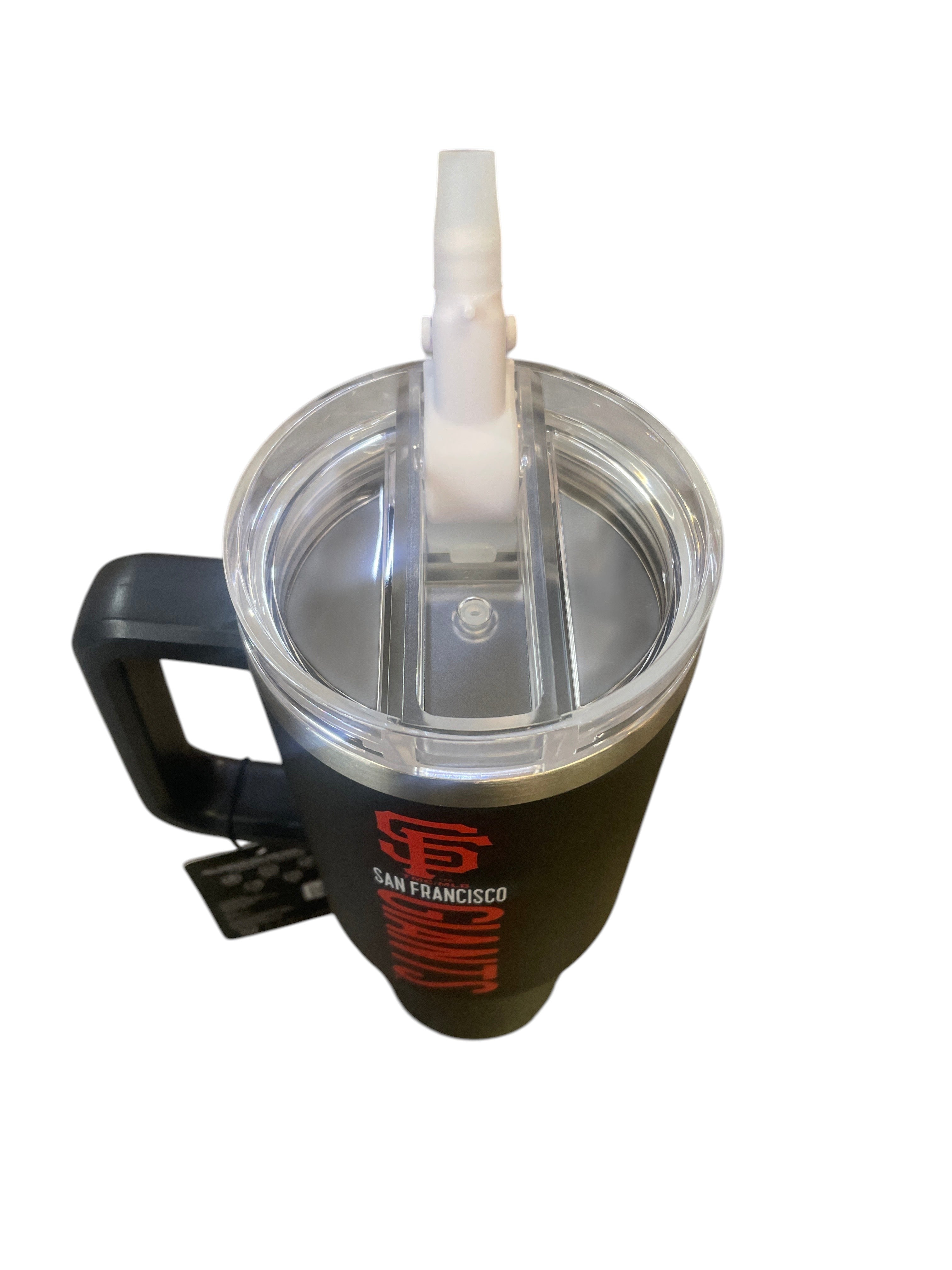 Coliseum Sports San Francisco Giants 40 oz black stainless steel tumbler with a clear lid and white flip straw