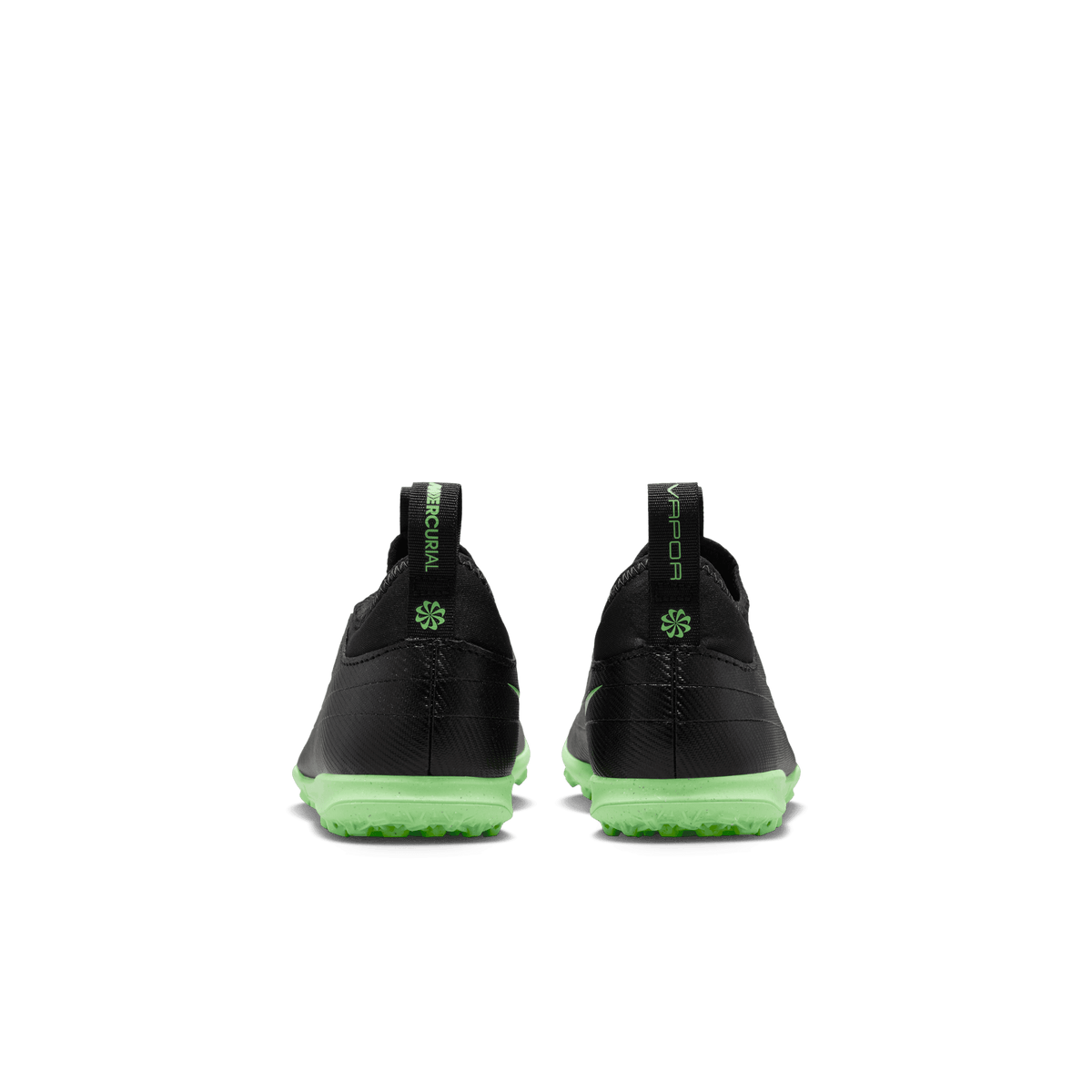 Nike Jr. Mercurial Vapor 17 Club Turf shoes in Black/Illusion Green, heel view