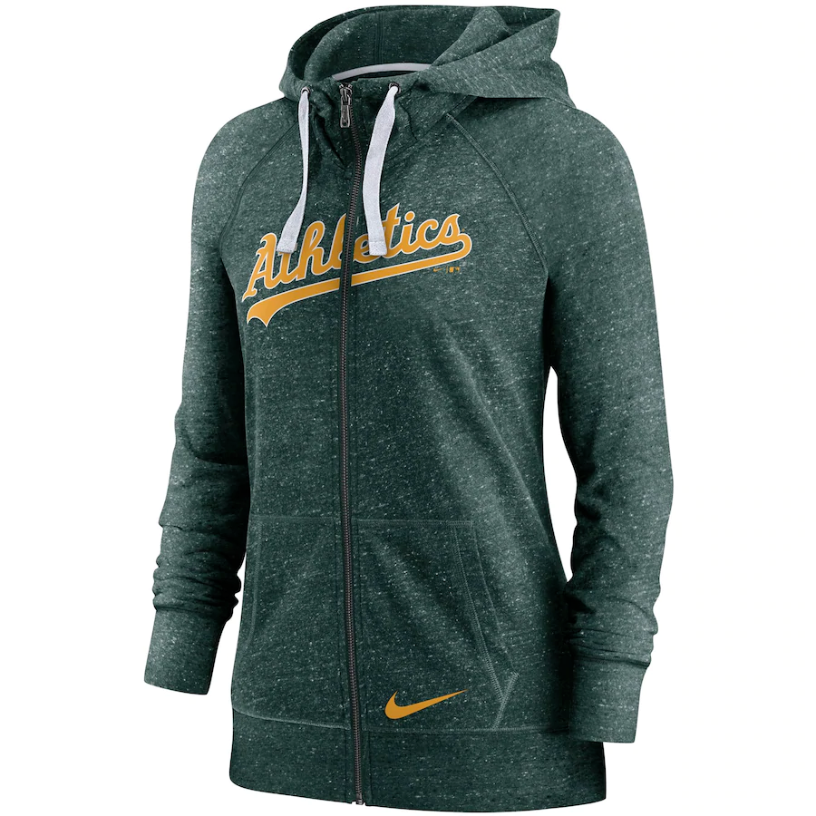 Oakland Athletics Nike Women's Wordmark Gym Vintage Raglan Full-Zip Hoodie - Heathered Green