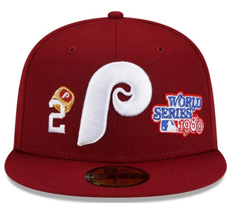 New Era Philadelphia Phillies MULTI PATCH 59FIFTY Fitted Hat- Burgundy Nvsoccer.com