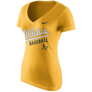Nike Women's Oakland Athletics Wordmark Colorblock V-Neck T-Shirt-Yellow/Green