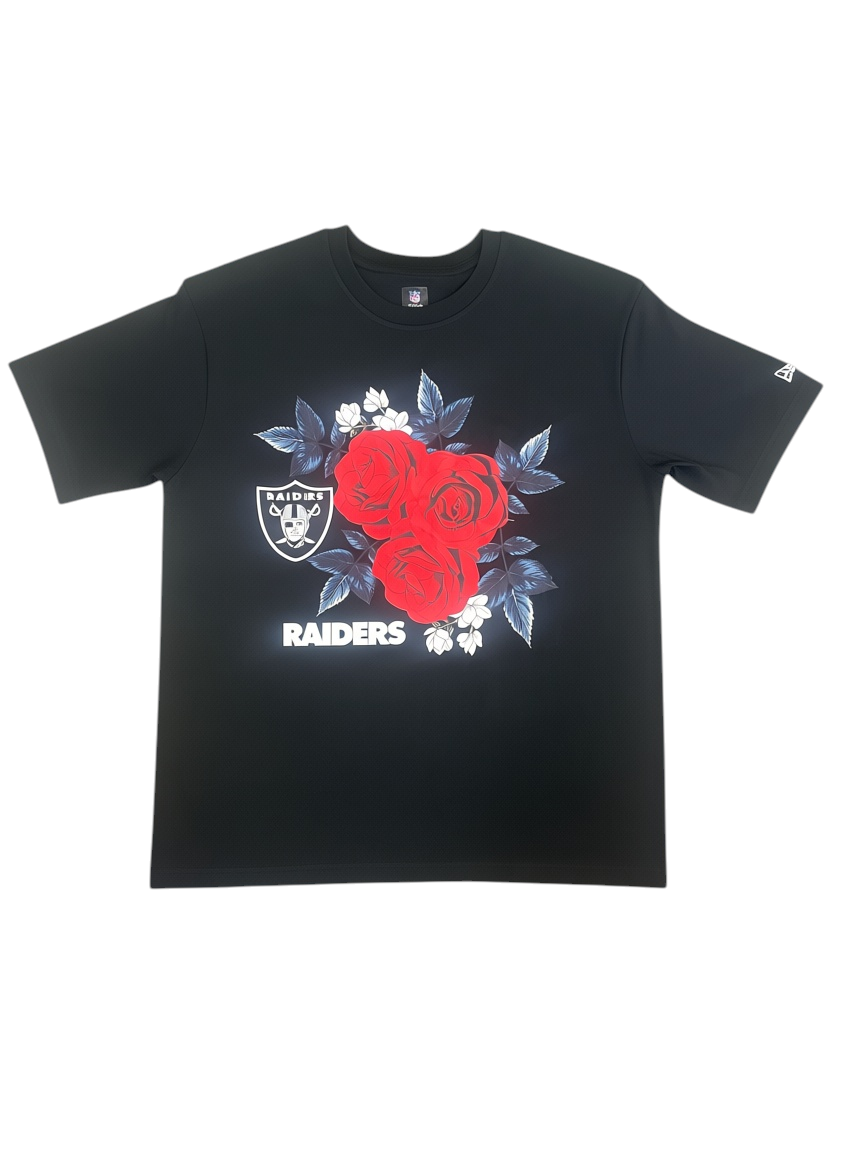Coliseum Sports black cotton t-shirt featuring a Las Vegas Raiders logo and red rose graphic print on the chest.
