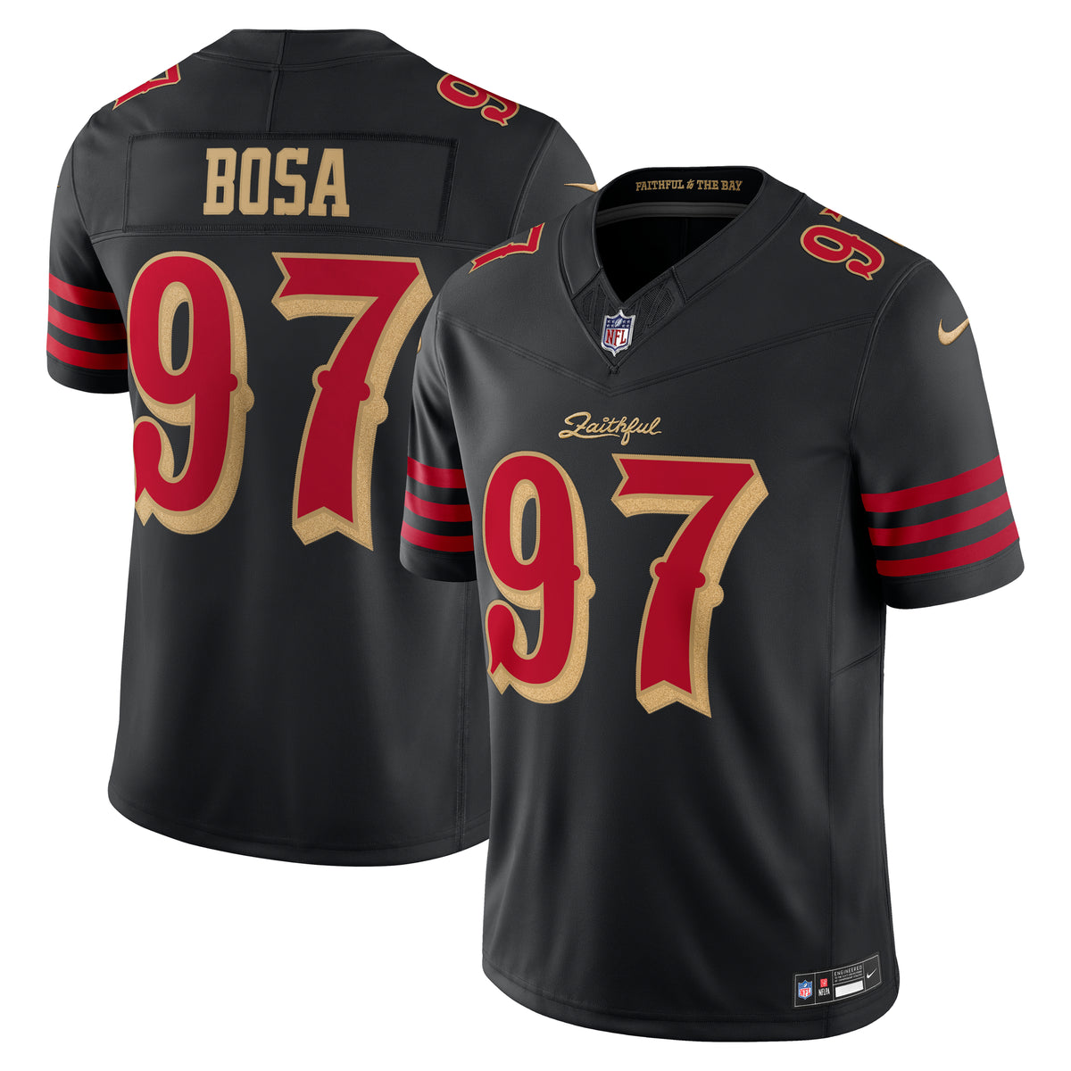 Nike men's Nick Bosa #97 San Francisco 49ers Rivalries Limited jersey in black, front and back views