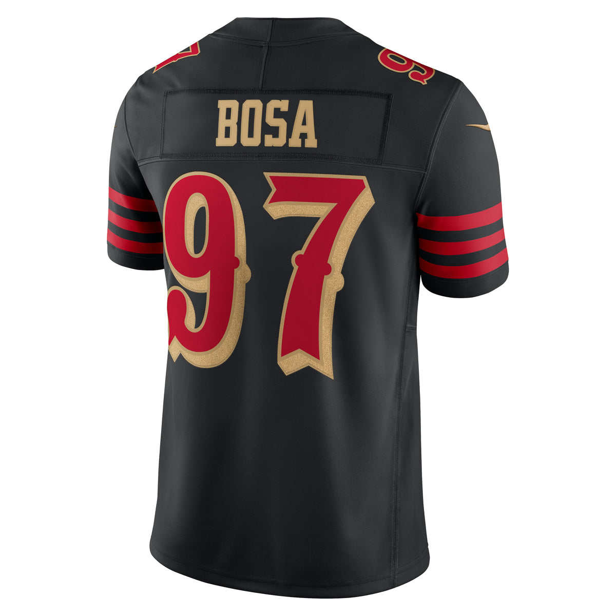 Nike men's Nick Bosa #97 San Francisco 49ers Rivalries Limited jersey in black, back view