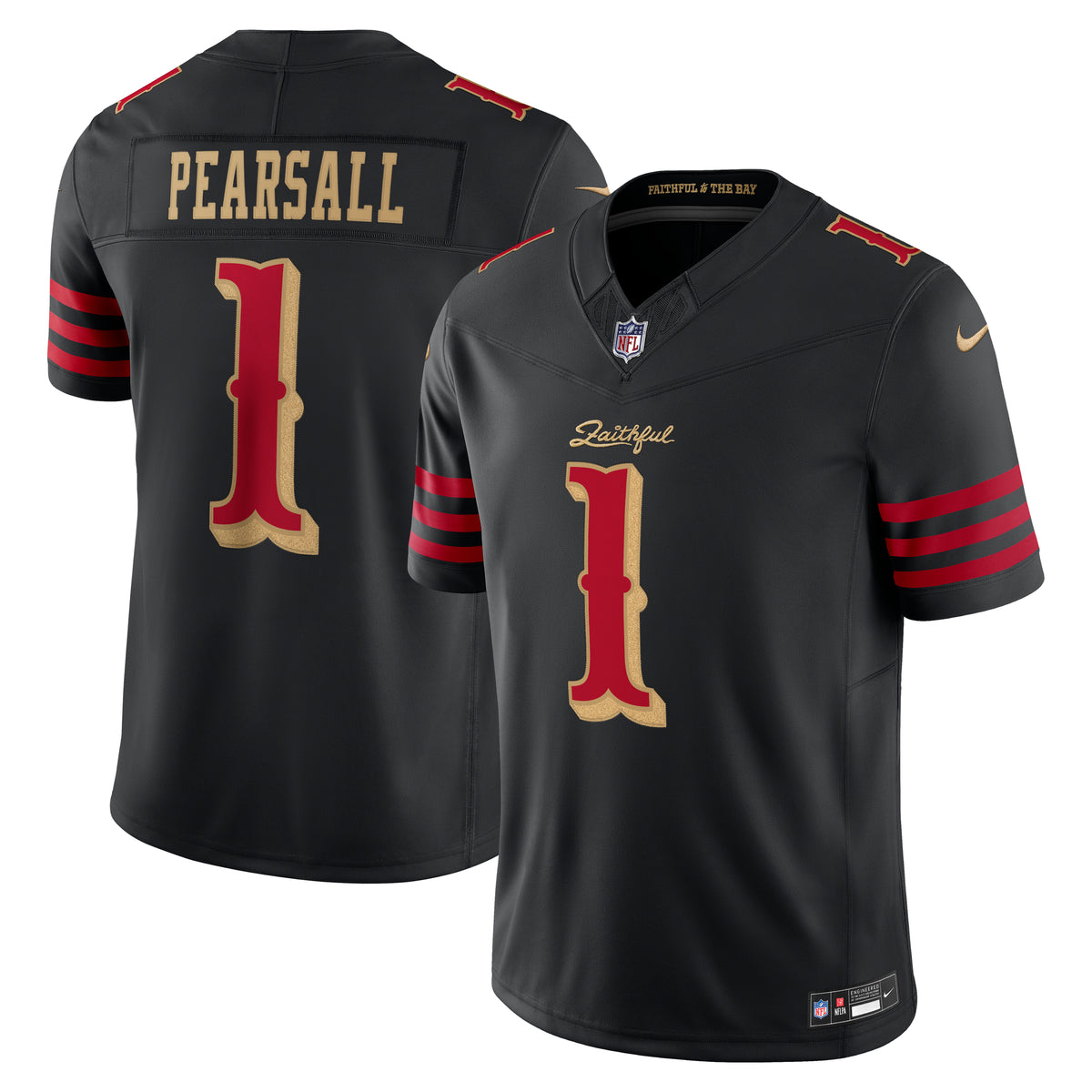 Nike Ricky Pearsall #1 San Francisco 49ers Rivalries Limited jersey in black, front and back views
