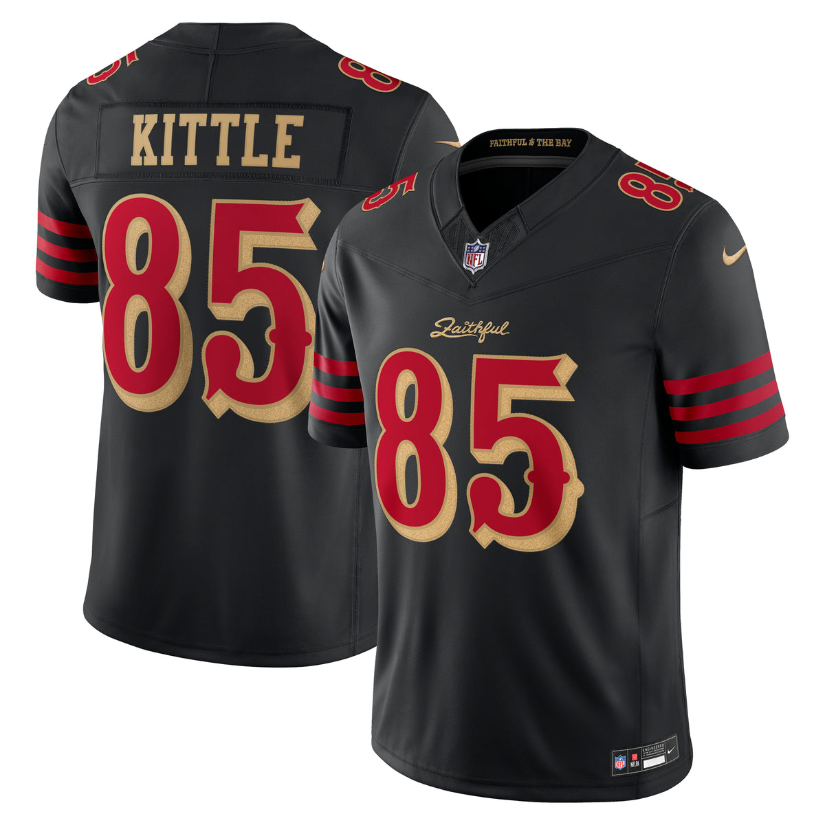 Nike men's George Kittle #85 San Francisco 49ers Rivalries Limited jersey in black, front and back views