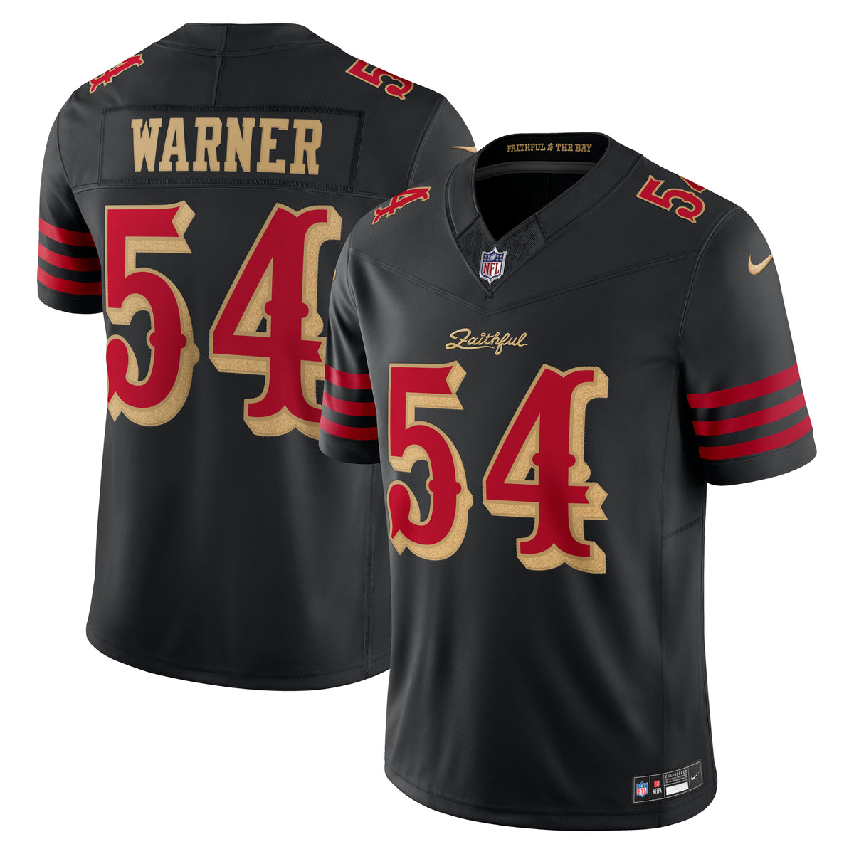 Nike men's Fred Warner #54 San Francisco 49ers Rivalries Limited jersey in black, front and back views