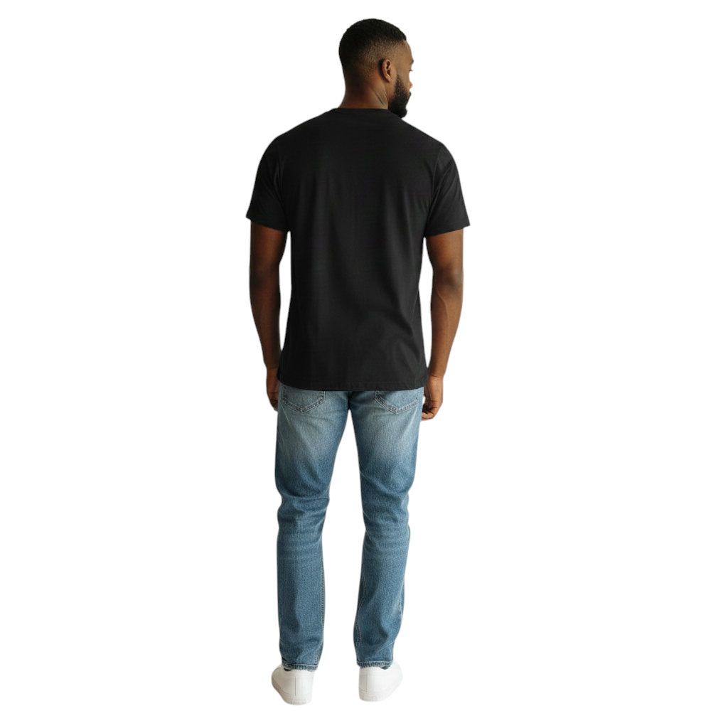 Coliseum Sports men's black cotton t-shirt worn by a model from the back, paired with blue jeans and white sneakers.