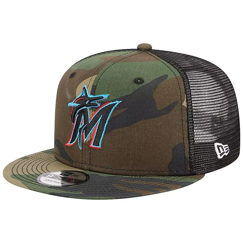 New Era Miami Marlins Woodland Camo Trucker 9FIFTY Snapback Hat-Camo