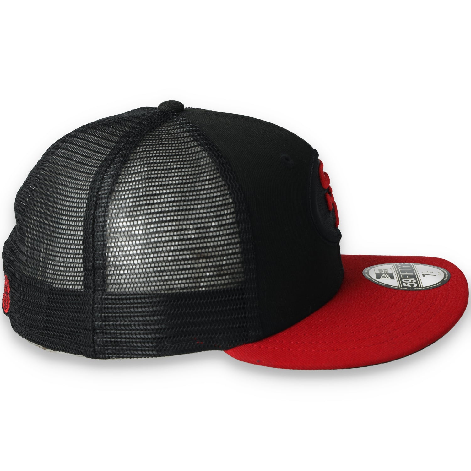 Exclusive San Francisco 49ers Trucker Mesh 59FIFTY Fitted Hat- Black/Red