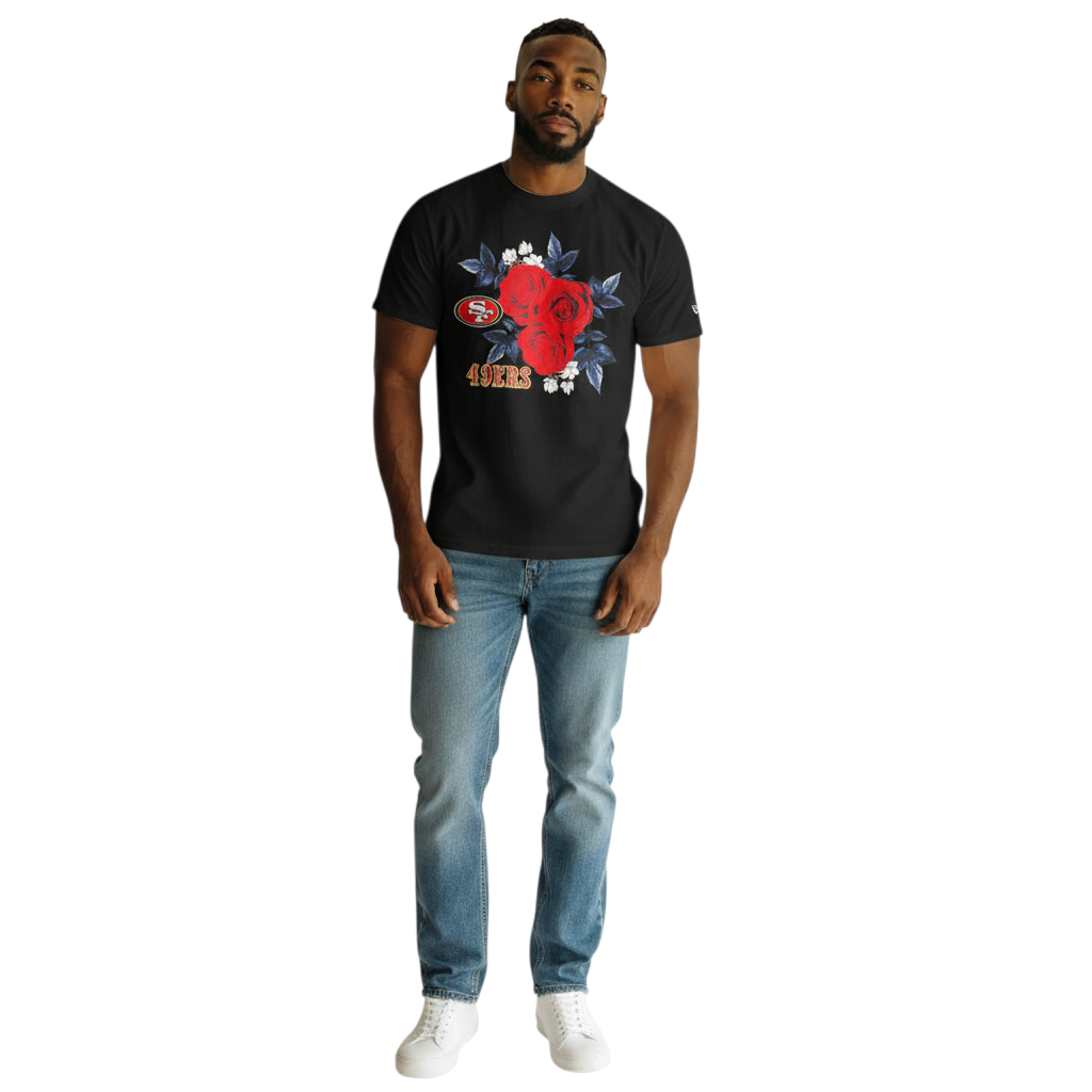 Coliseum Sports model wearing a black New Era San Francisco 49ers t-shirt with red rose and team logo graphic