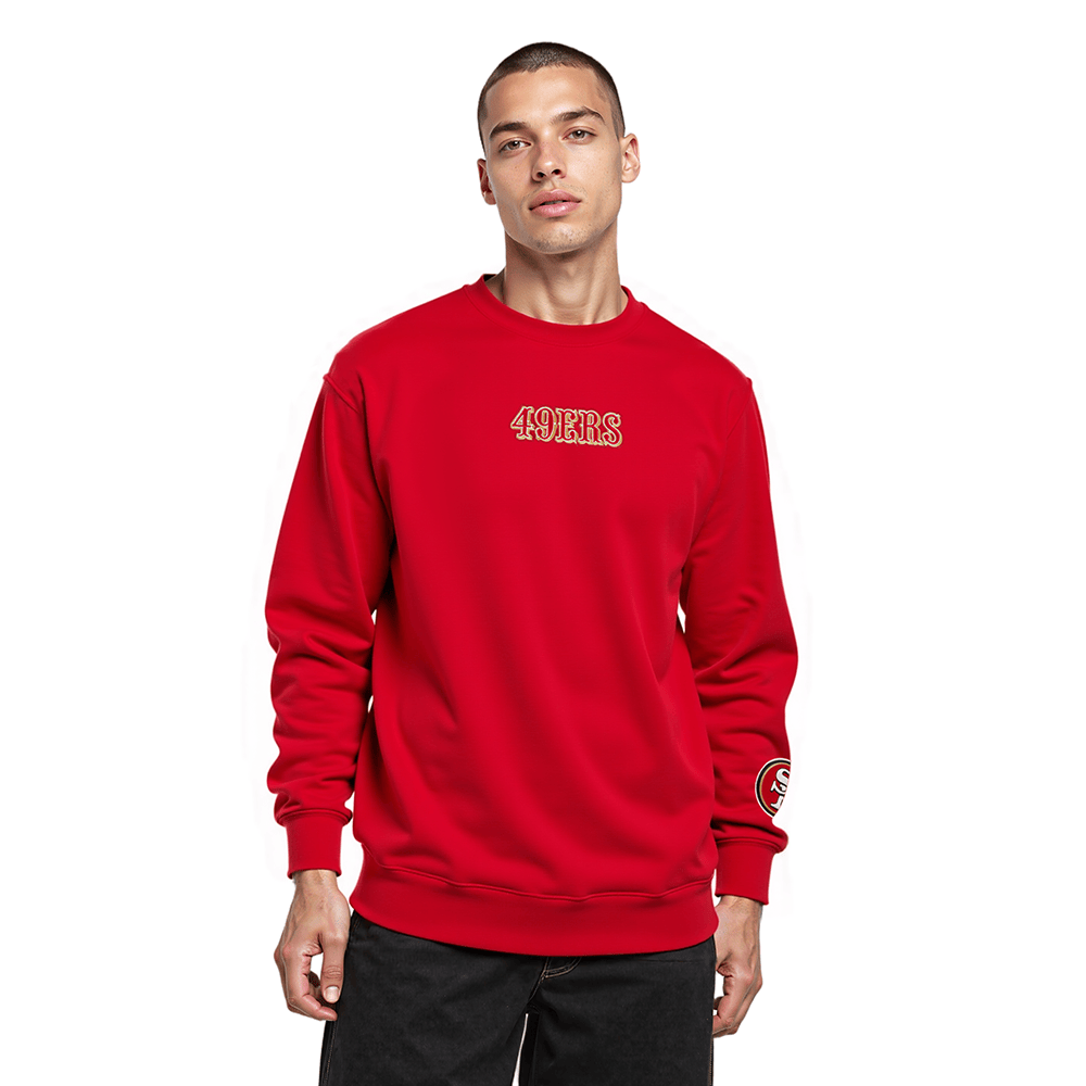 Pro Standard Men's San Francisco 49ers Wingspan Drop Shoulder Fleece Crewneck - Red, model front view