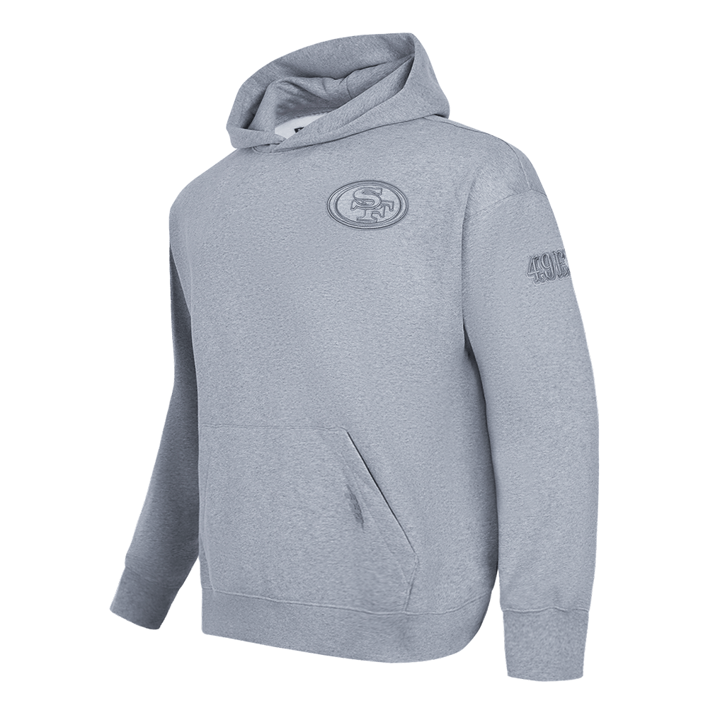 Pro Standard Men's San Francisco 49ers Neutral Drop Shoulder Fleece Pullover Hoodie - Dark Heather Gray, angled front view