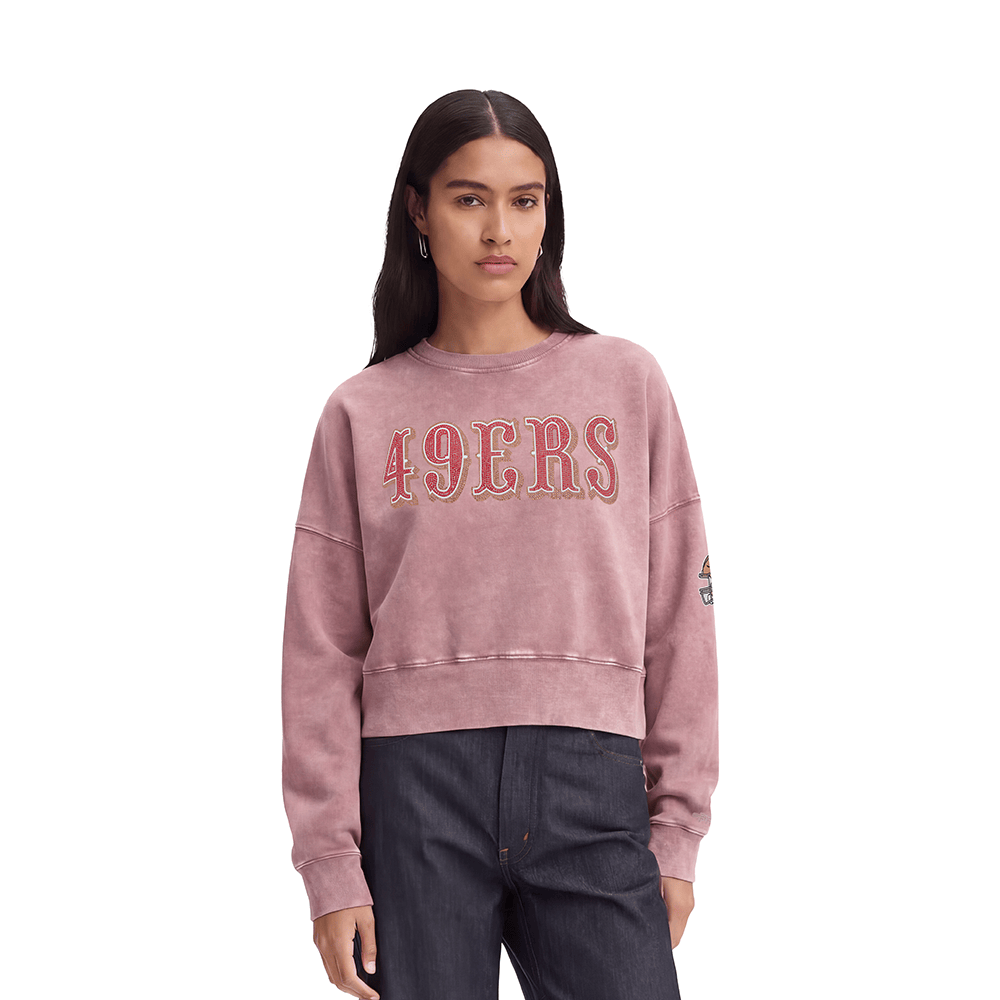 Pro Standard women's San Francisco 49ers Washed Jewels crewneck in Washed Mauve, front model view
