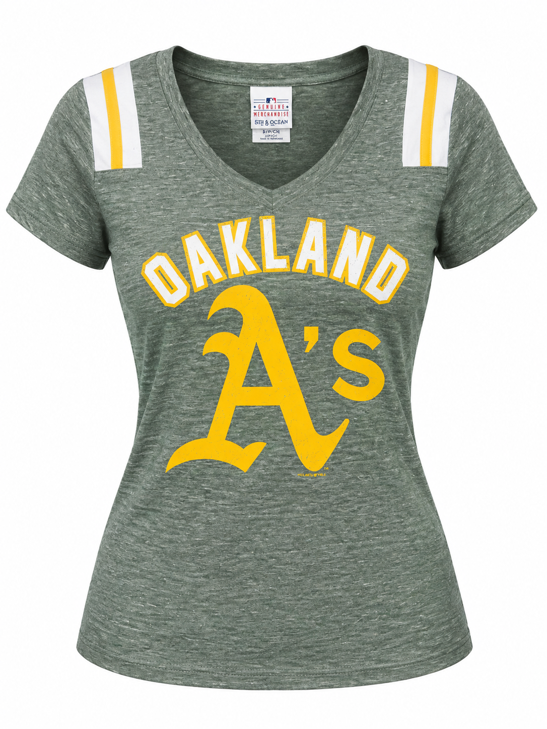 A women's heather green V-neck t-shirt featuring the Oakland A's logo and team name in yellow and white on the front, with white and yellow shoulder stripes.