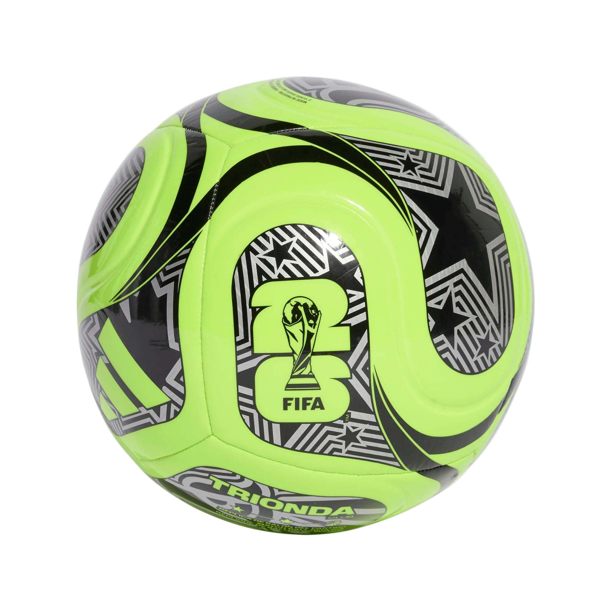 Fluorescent green soccer ball with black and gray patterns on a white background