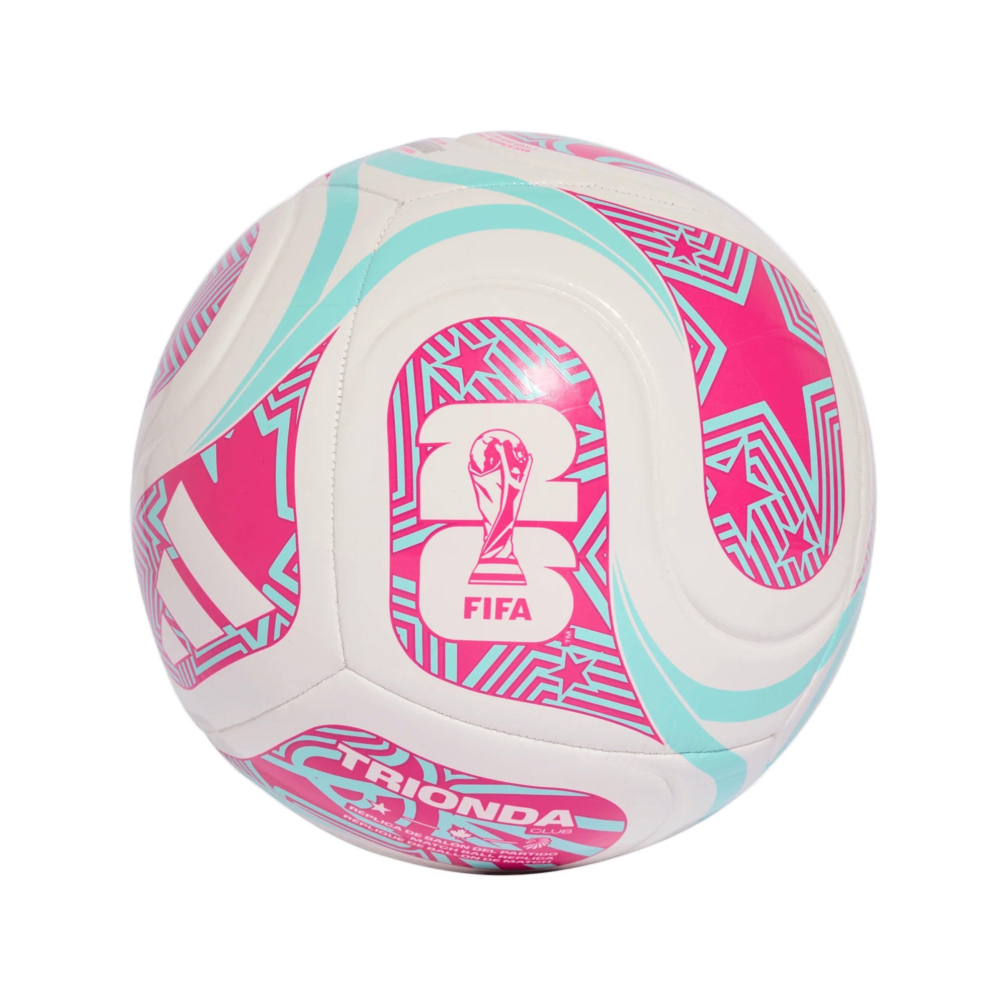 White soccer ball with pink and blue patterns and FIFA logo on a white background