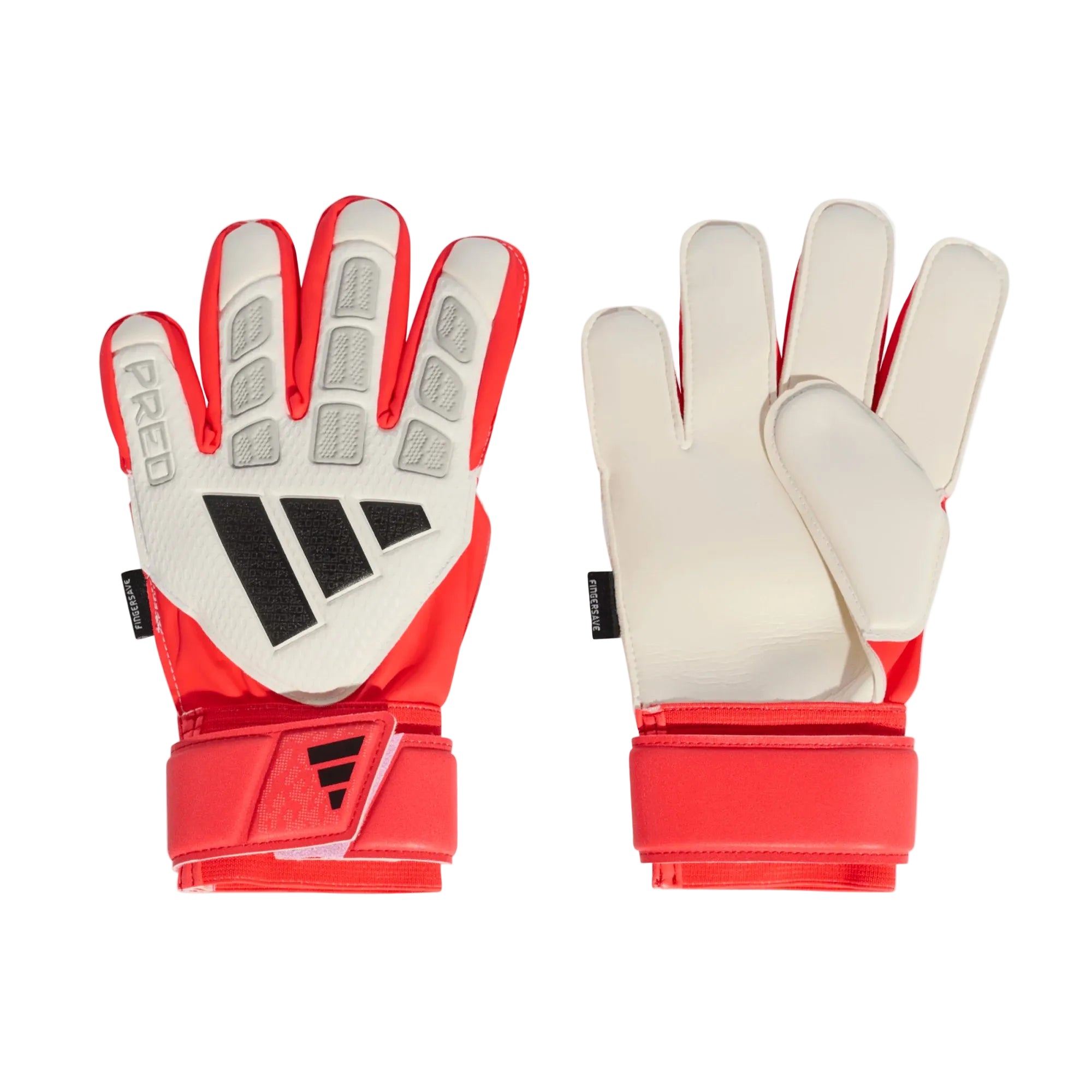 Pair of red and white gloves with Adidas logo on a light gray background
