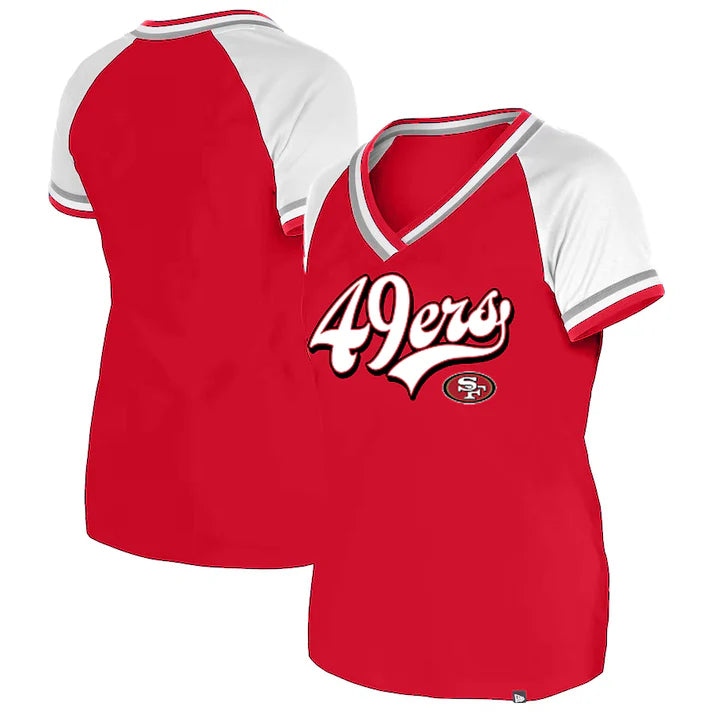 New Era Women's San Francisco 49ers Glitter Script Raglan V-Neck T-Shirt-