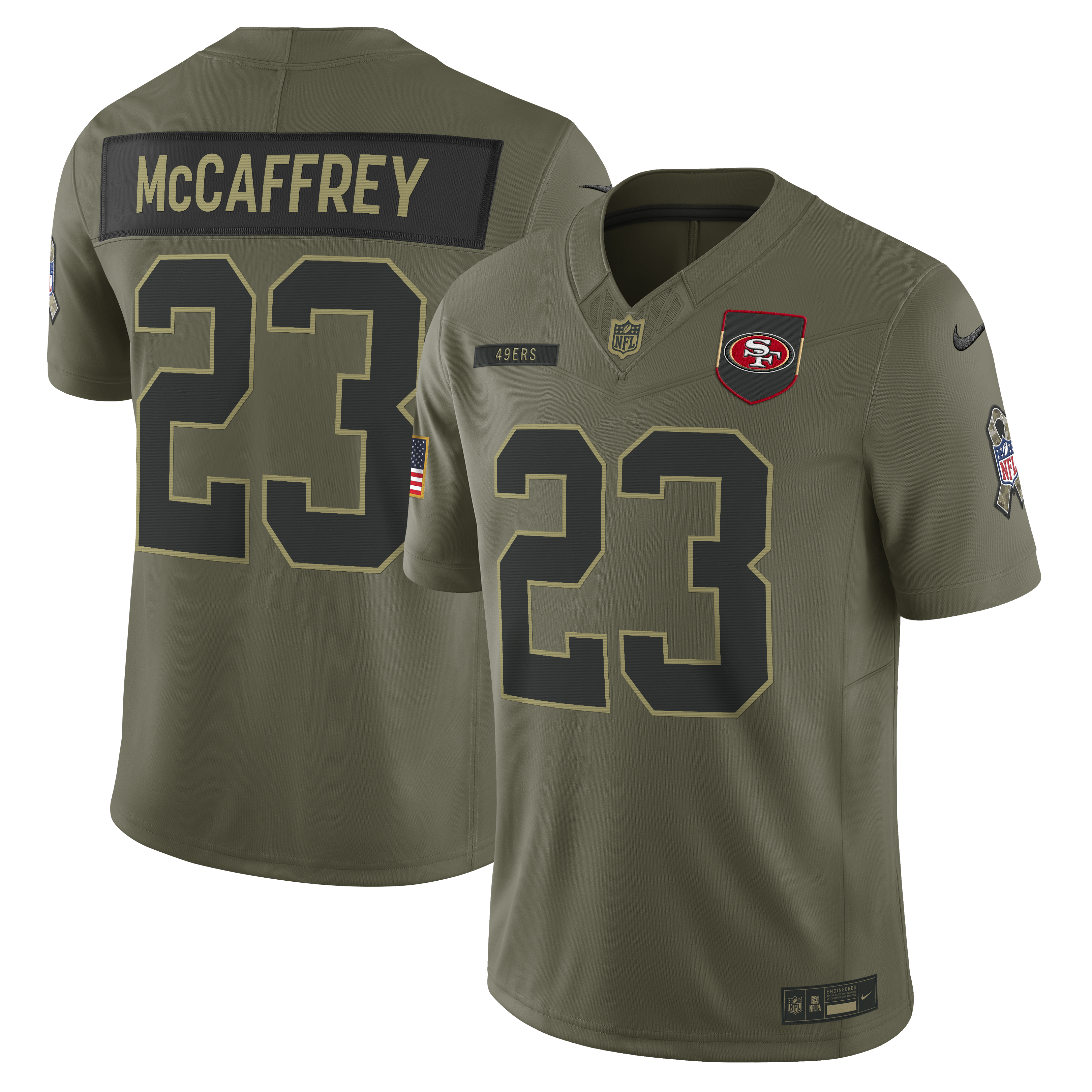 Men's San Francisco 49ers Christian McCaffrey Nike 2025 Salute to Service Limited Jersey-Olive