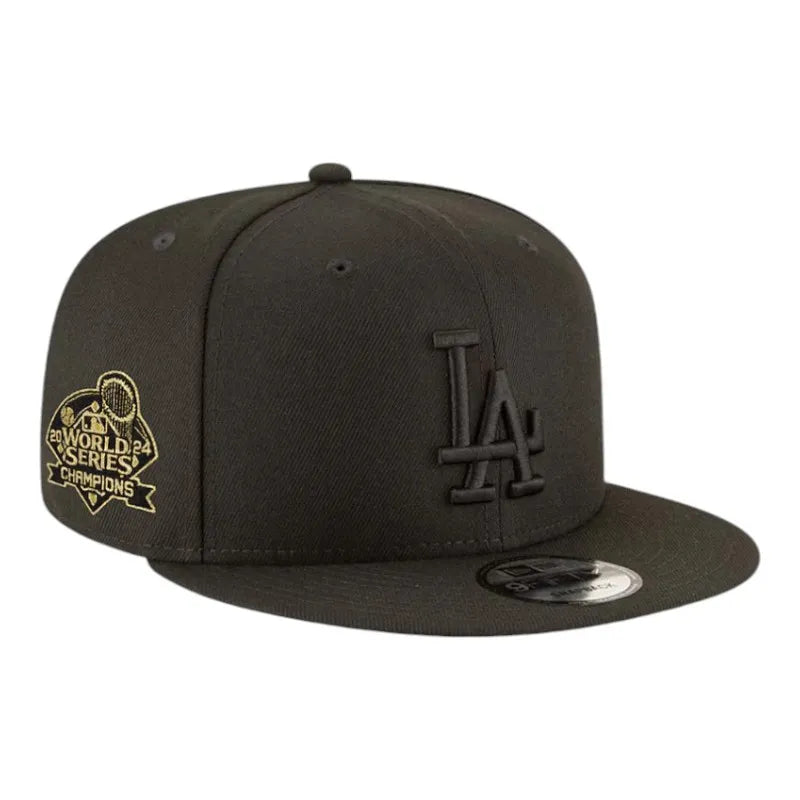 LA Dodgers with Gold 2024 WS Champs Patch New Era 9FIFTY Snapback Hat Blk/Blk