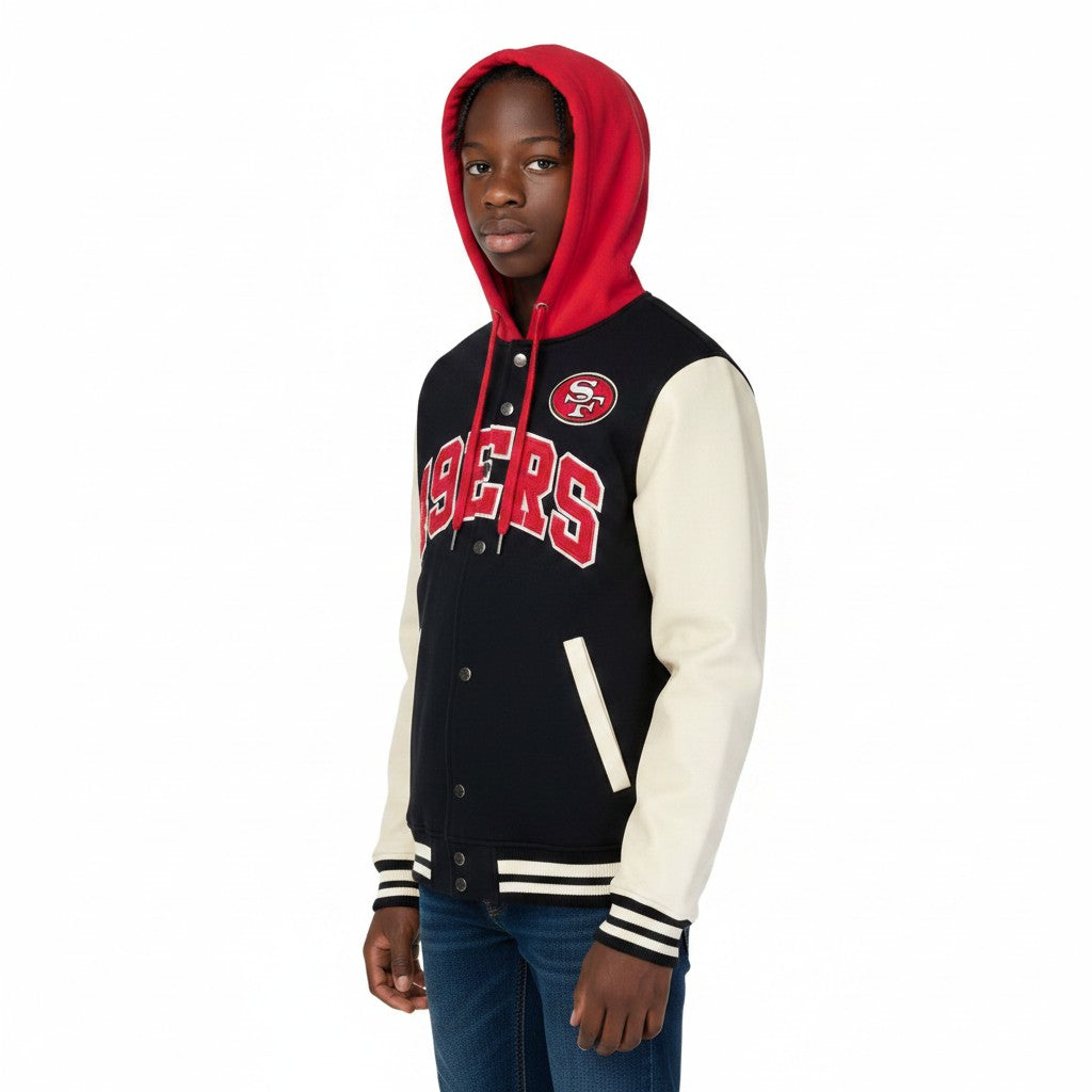 Coliseum Sports youth San Francisco 49ers varsity style hoodie with red hood, black body, and cream sleeves.