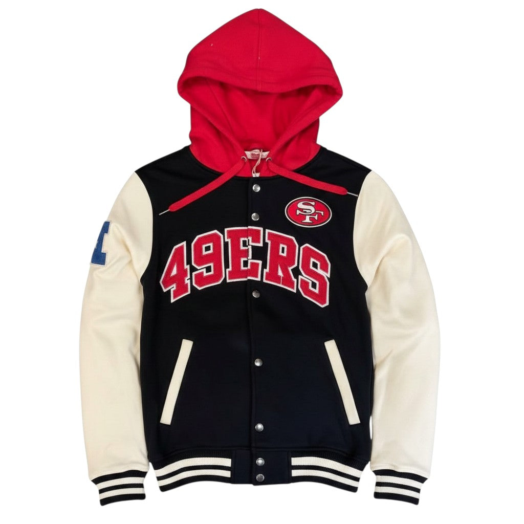 Coliseum Sports youth San Francisco 49ers varsity-style pullover hoodie with red hood and cream sleeves